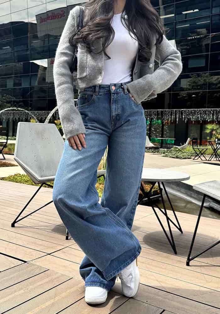Jean Rígido Wide Leg Baggy para Mujer Tono Azul Medio - miniatura 2