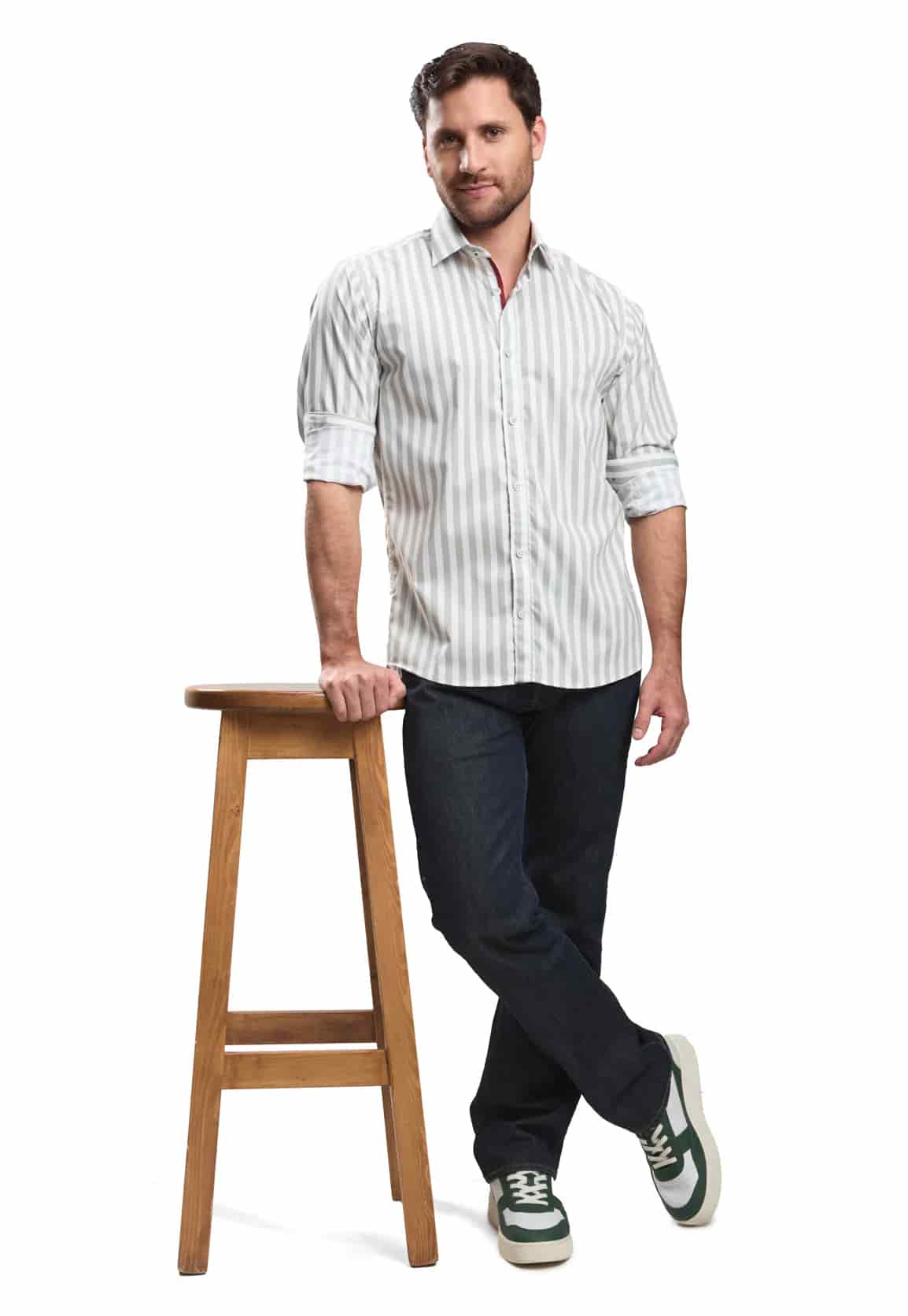 Camisa casual slim fit blanca a rayas verdes - miniatura 5