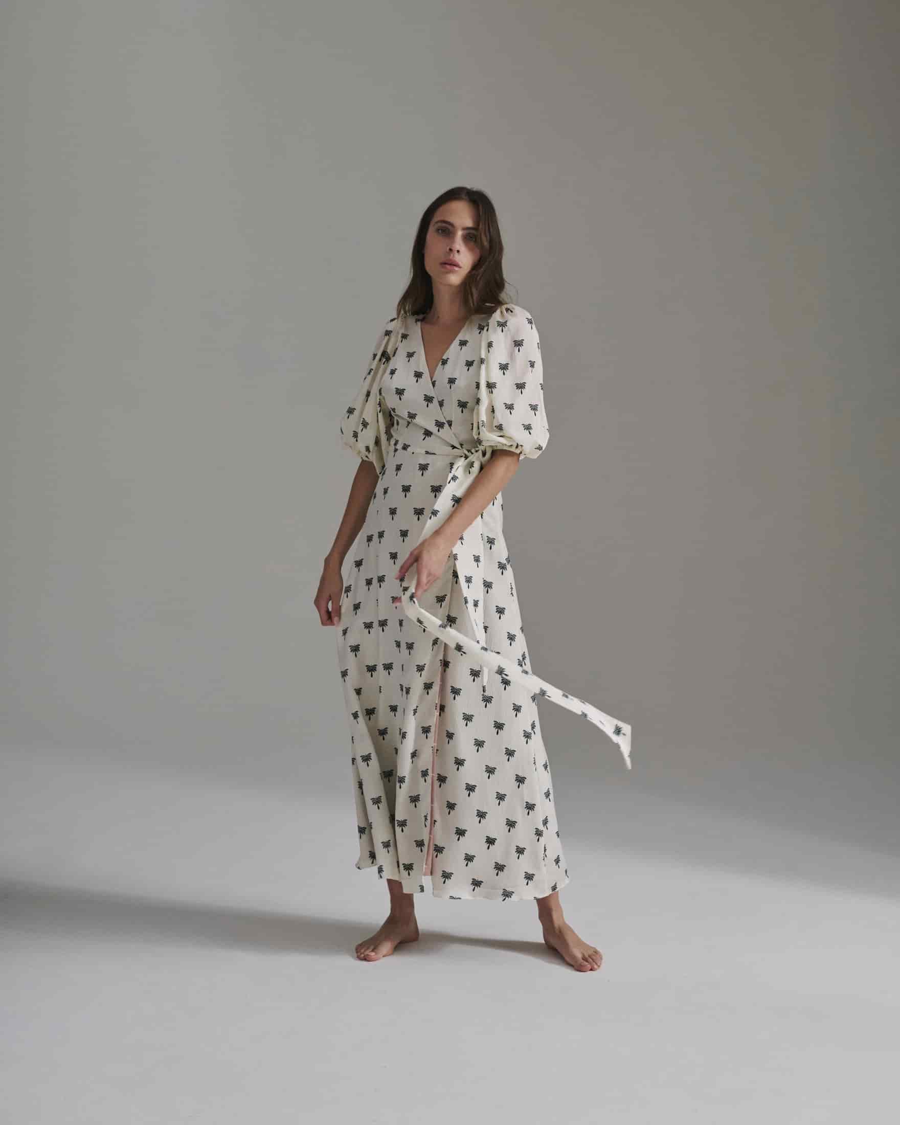 Ermita Martellato Silk Midi Dress / Ivory - Black Polka Palms - miniatura 1