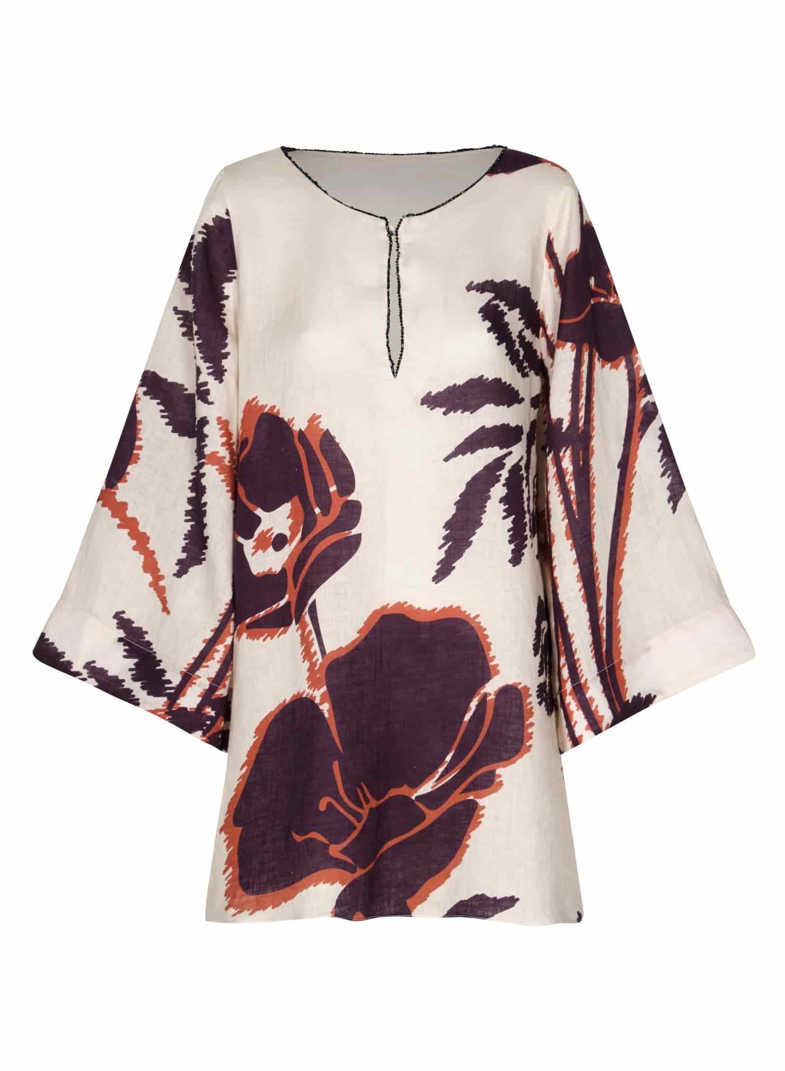 Nazare Linen Mini Tunic Dress / Ecru - Purple Gladiolos - miniatura 2