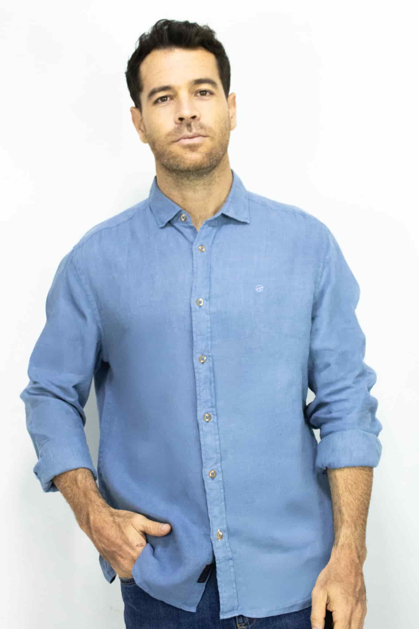 Camisa de Lino Azul Manga Larga para Hombre - miniatura 1