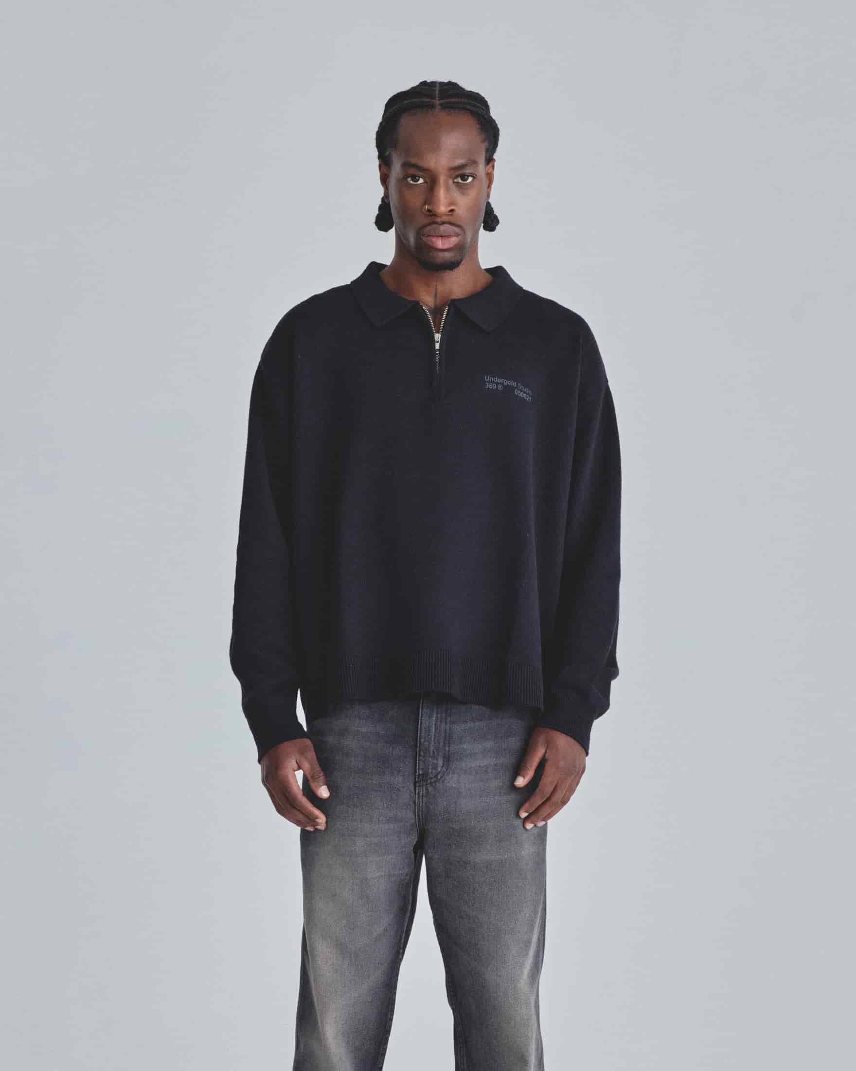 Line Knit Zip Up Long Sleeve Polo Shirt Black - miniatura 2