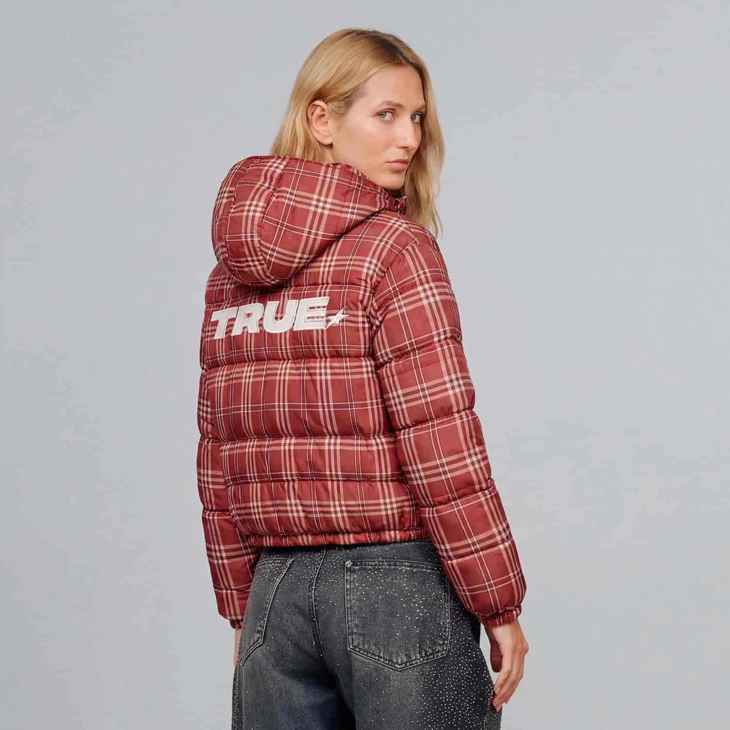 Intuition Plaid Puffer Jacket - Burgundy - miniatura 2