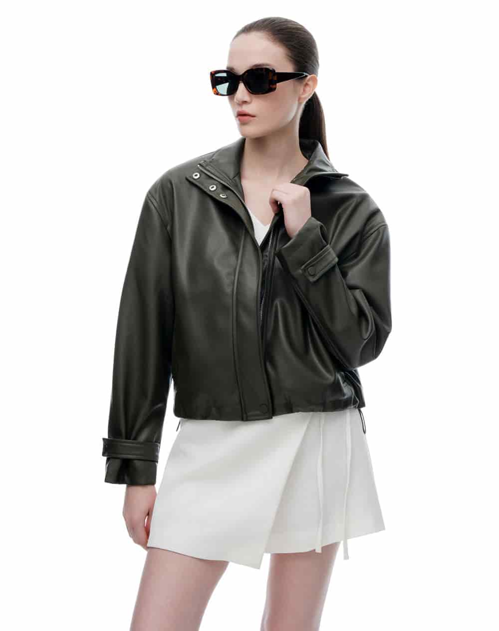 Chaqueta regular tipo cuero verde mujer - miniatura 2