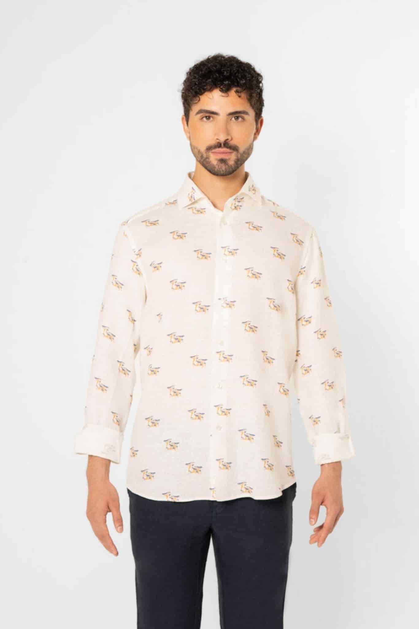 Men's white linen mushroom shirt - miniatura 4