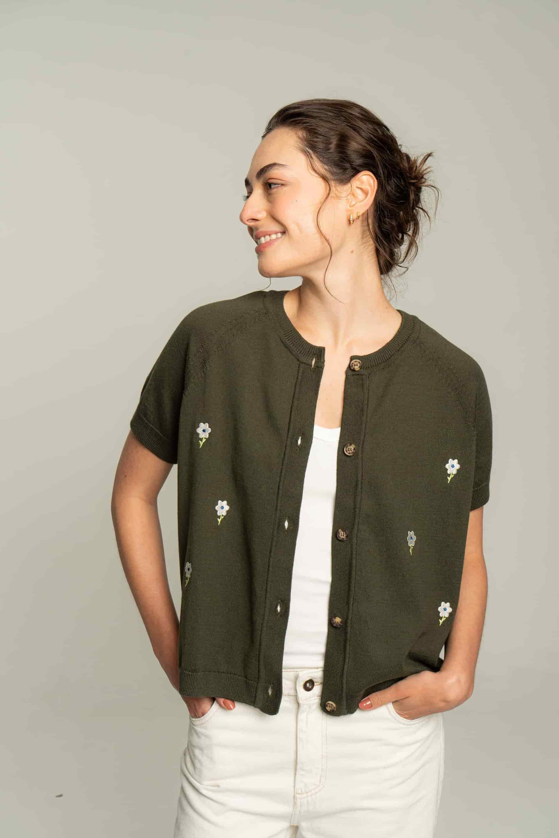 Cardigan corto flores bordadas - verde - miniatura 3