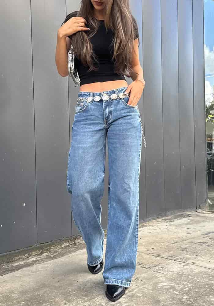 Jean para Mujer Wide Leg Tiro Bajo Azul Medio Claro - miniatura 8