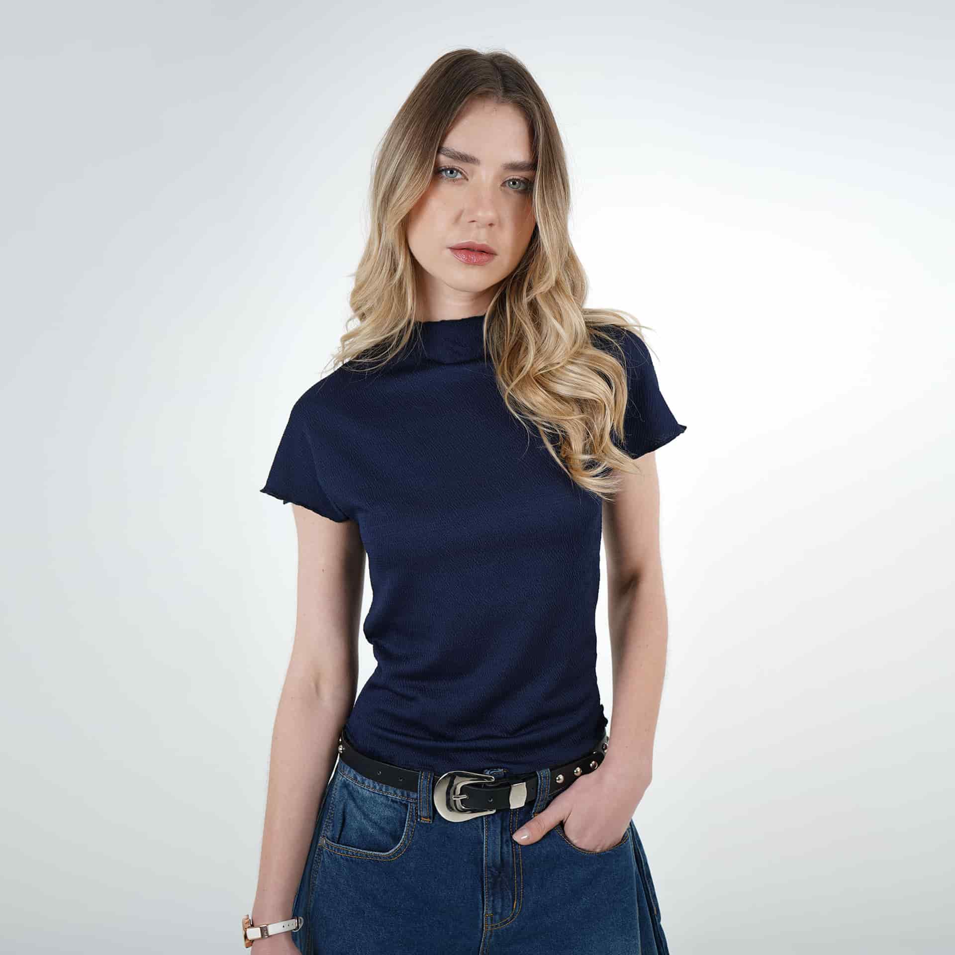Camiseta tejida cuello alto manga corta entallada - miniatura 7