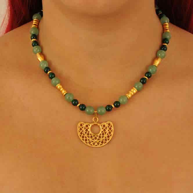 Collar aventurina verde, fossil y dije nariguera filigrana doble Sinú - miniatura 2
