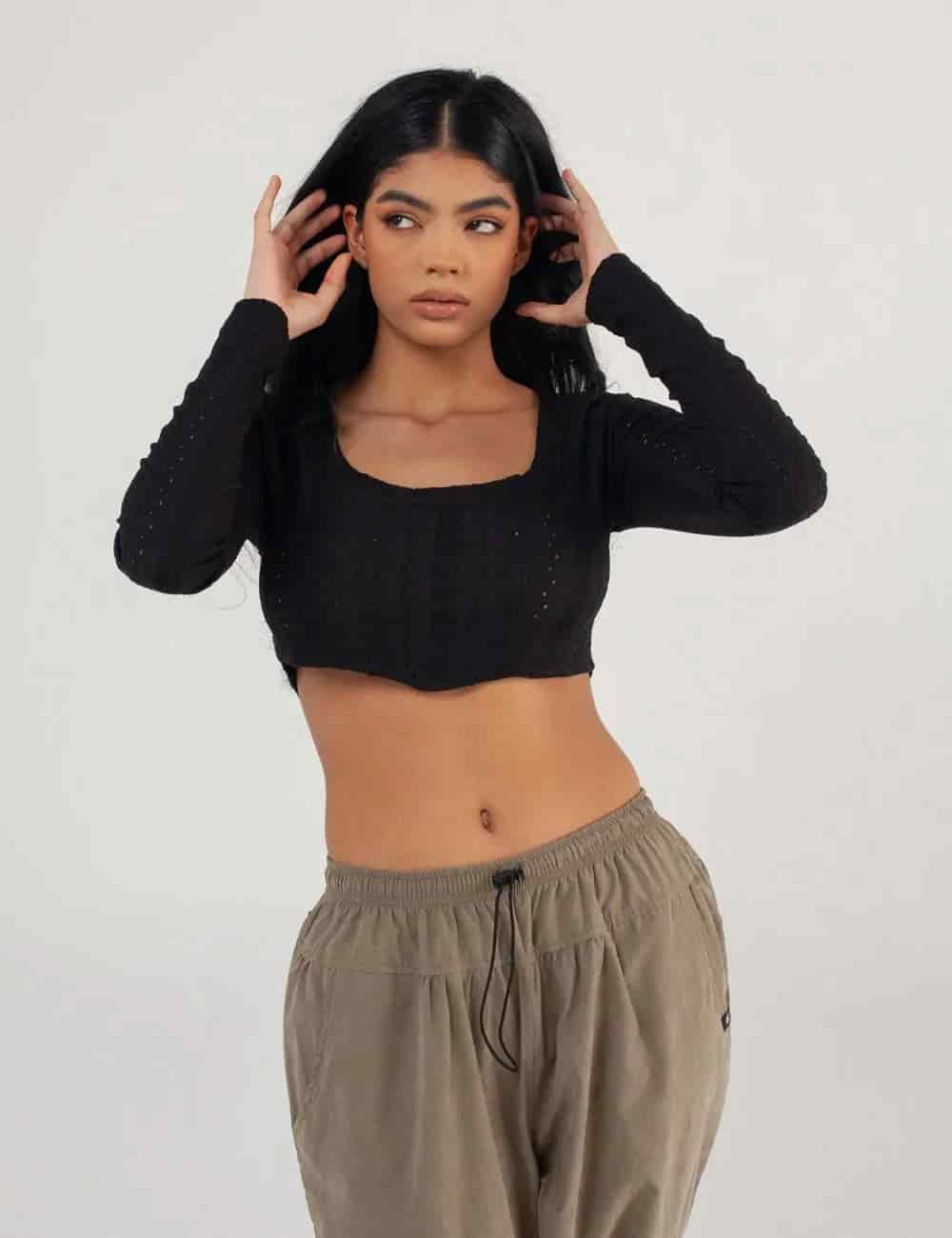 Crop Top manga larga Net negro Mujer - miniatura 7