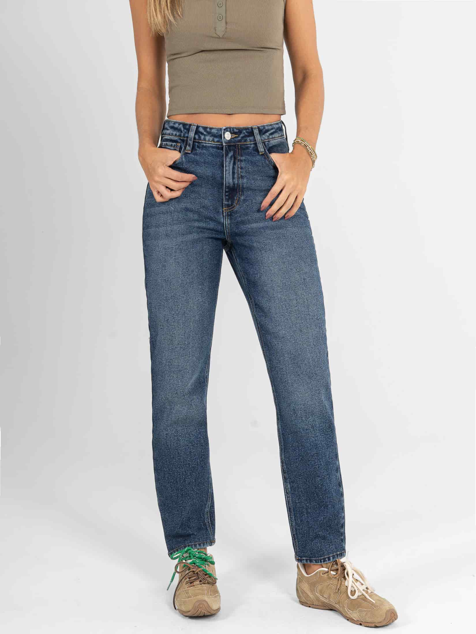 Ref: 066591 Jean Mom fit, slim cropped, stretch, tiro alto, tono azul medio oscuro - miniatura 1