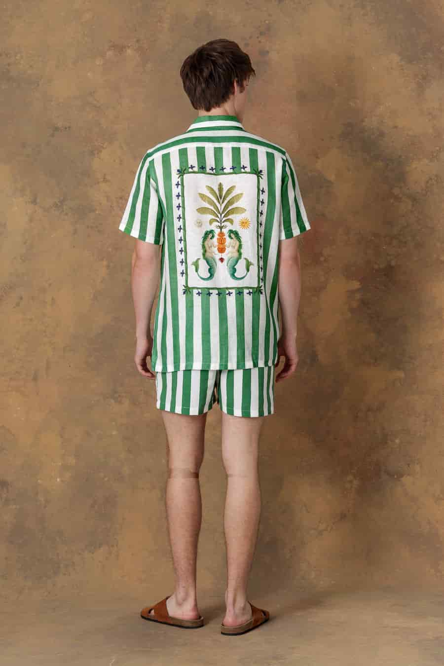 Men's linen shirt bowling spina striped green - miniatura 3