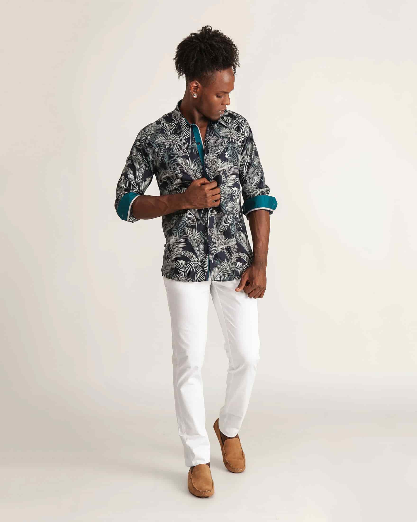 Camisa Navy Palmas Contraste Turquesa - miniatura 1