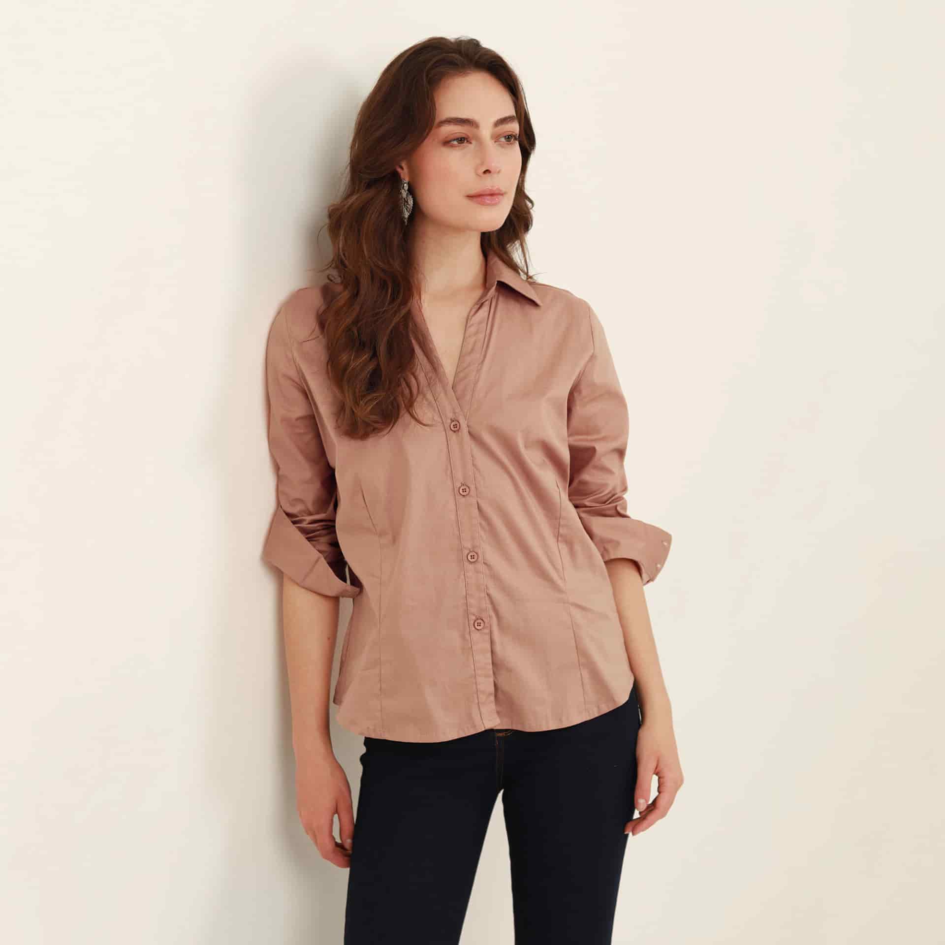 Blusa abierta cuello sport manga larga con pinzas de entalle - miniatura 4
