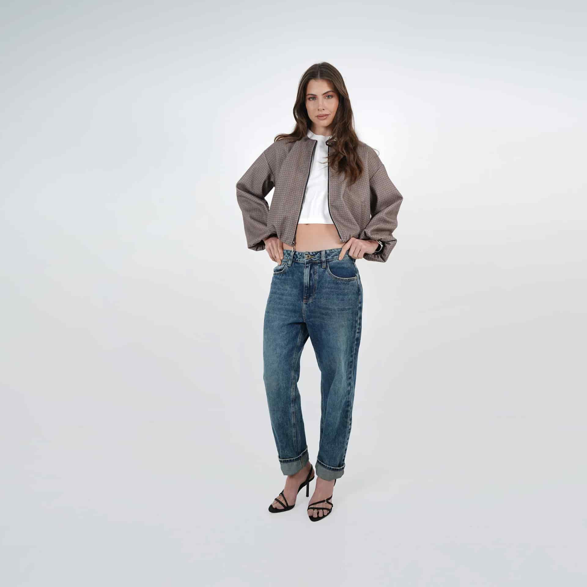 Chaqueta bomber estampado cuadros cuello redondo - miniatura 3