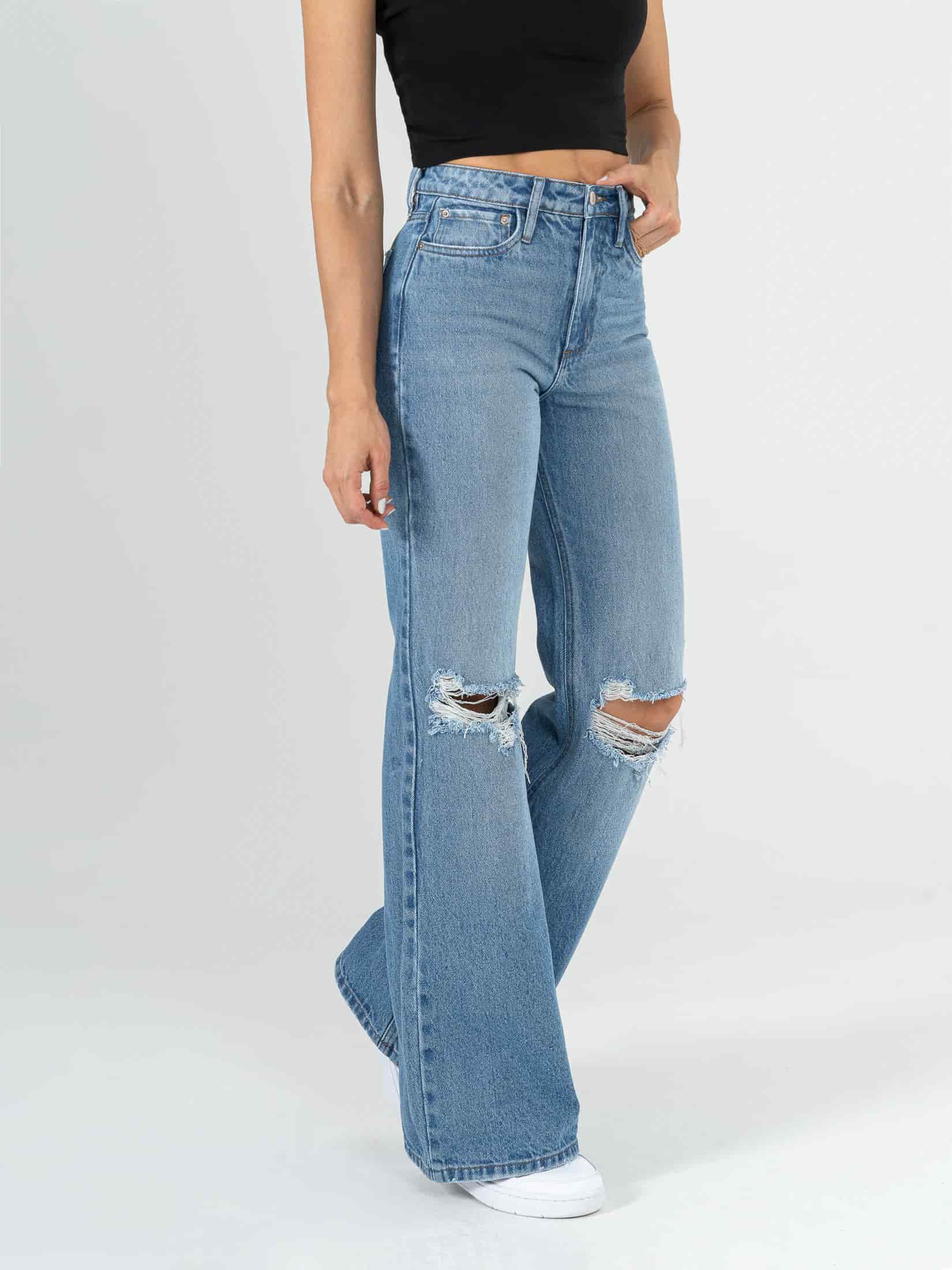 Ref: 064238 Jean Mom Flare, rígido, tiro alto, tono azul medio con rotos, diseño cinco bolsillos - miniatura 2