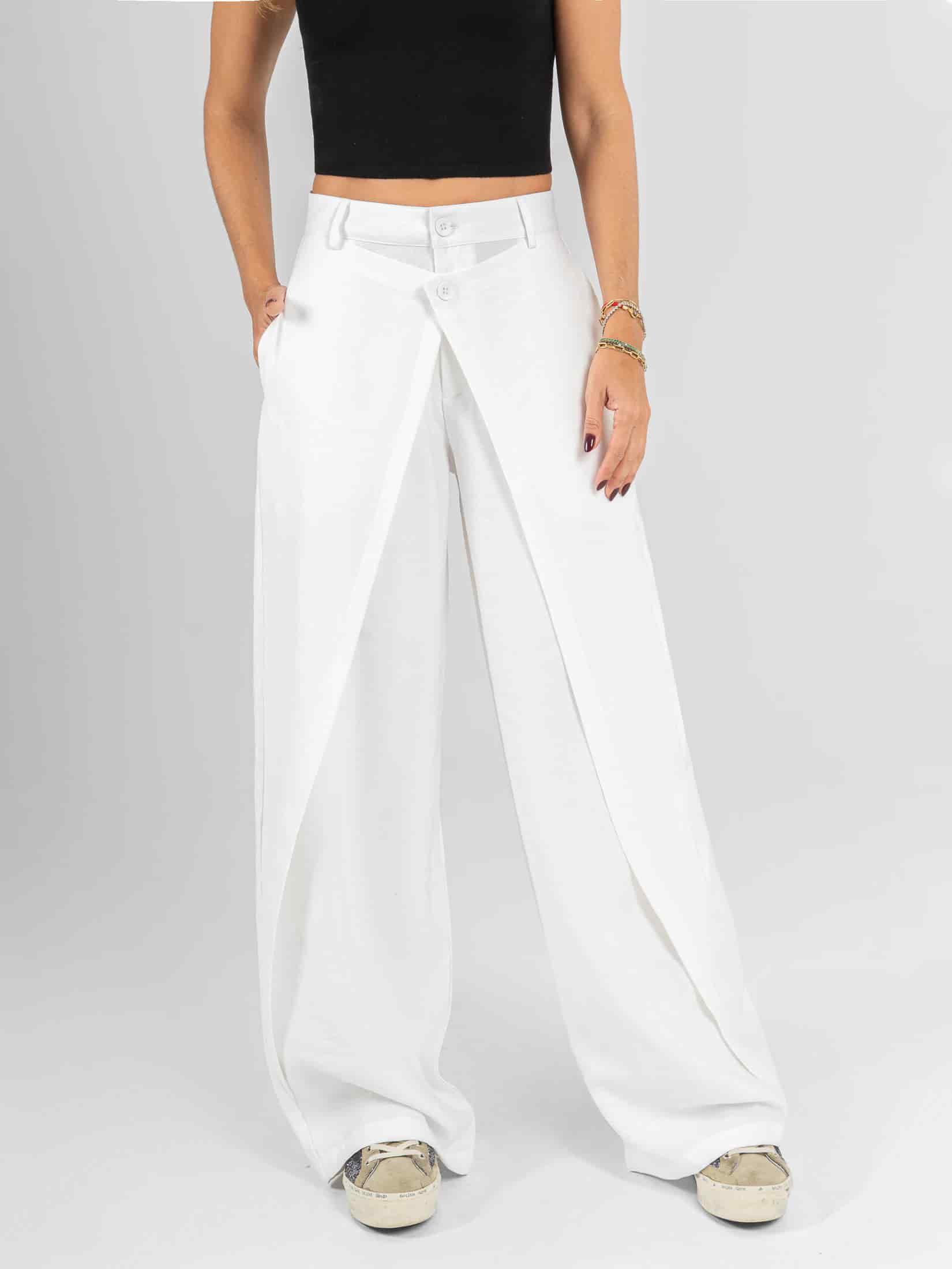 Ref: 0620550 Pantalón wide leg, tejido plano liviano, tiro alto, detalle delantero, tono ivory - miniatura 1
