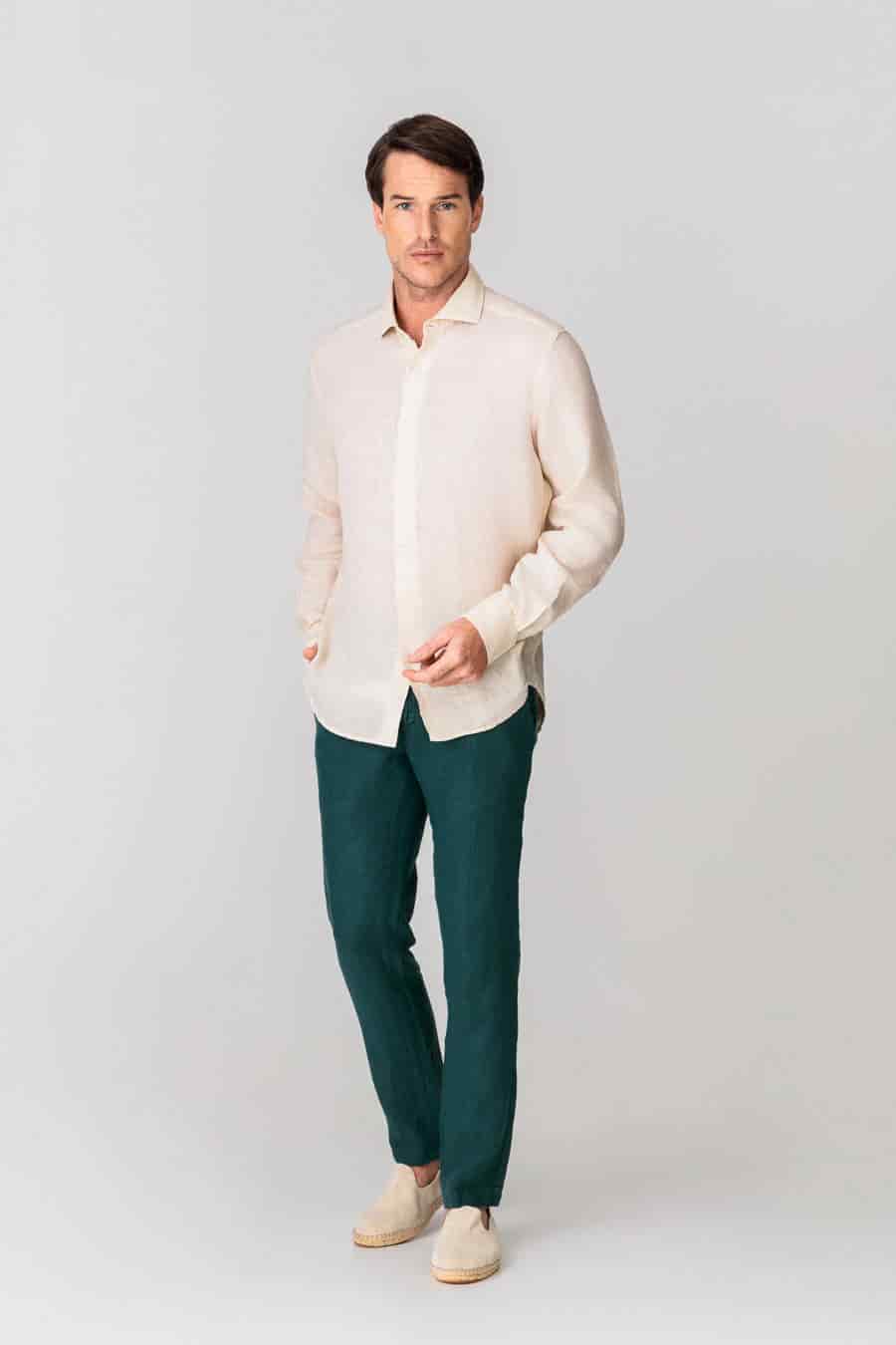 Men's linen shirt beige basic - miniatura 2