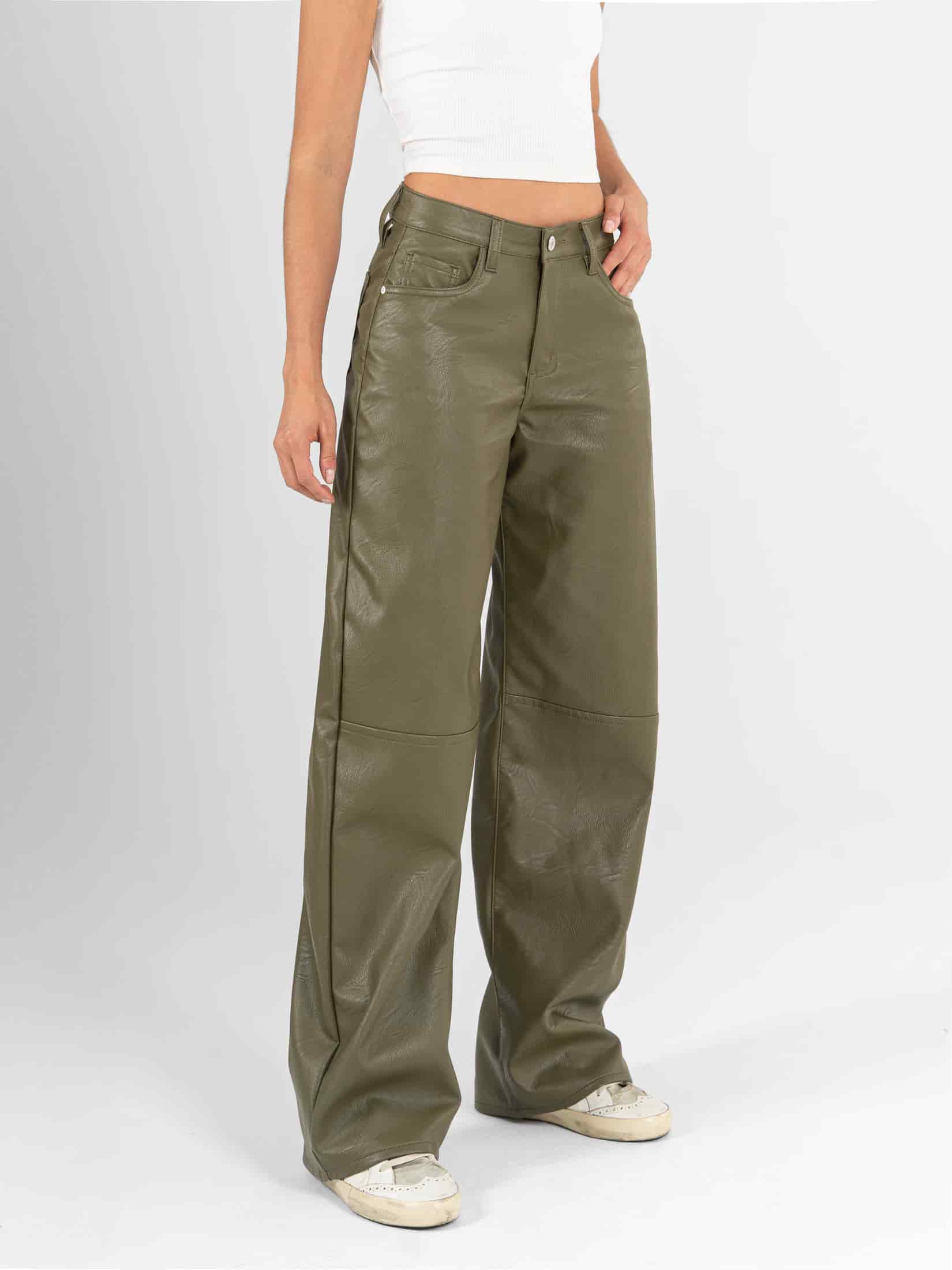 Ref: 0620597 Pantalón wide leg, rígido, tiro alto, efecto cuero, con corte, tono verde - miniatura 2