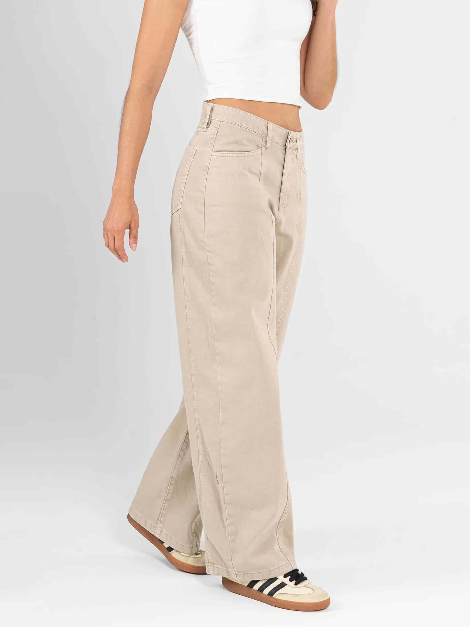 Ref: 0620451 Pantalón wide leg, rígido, tiro alto, con cortes, tono caqui - miniatura 4