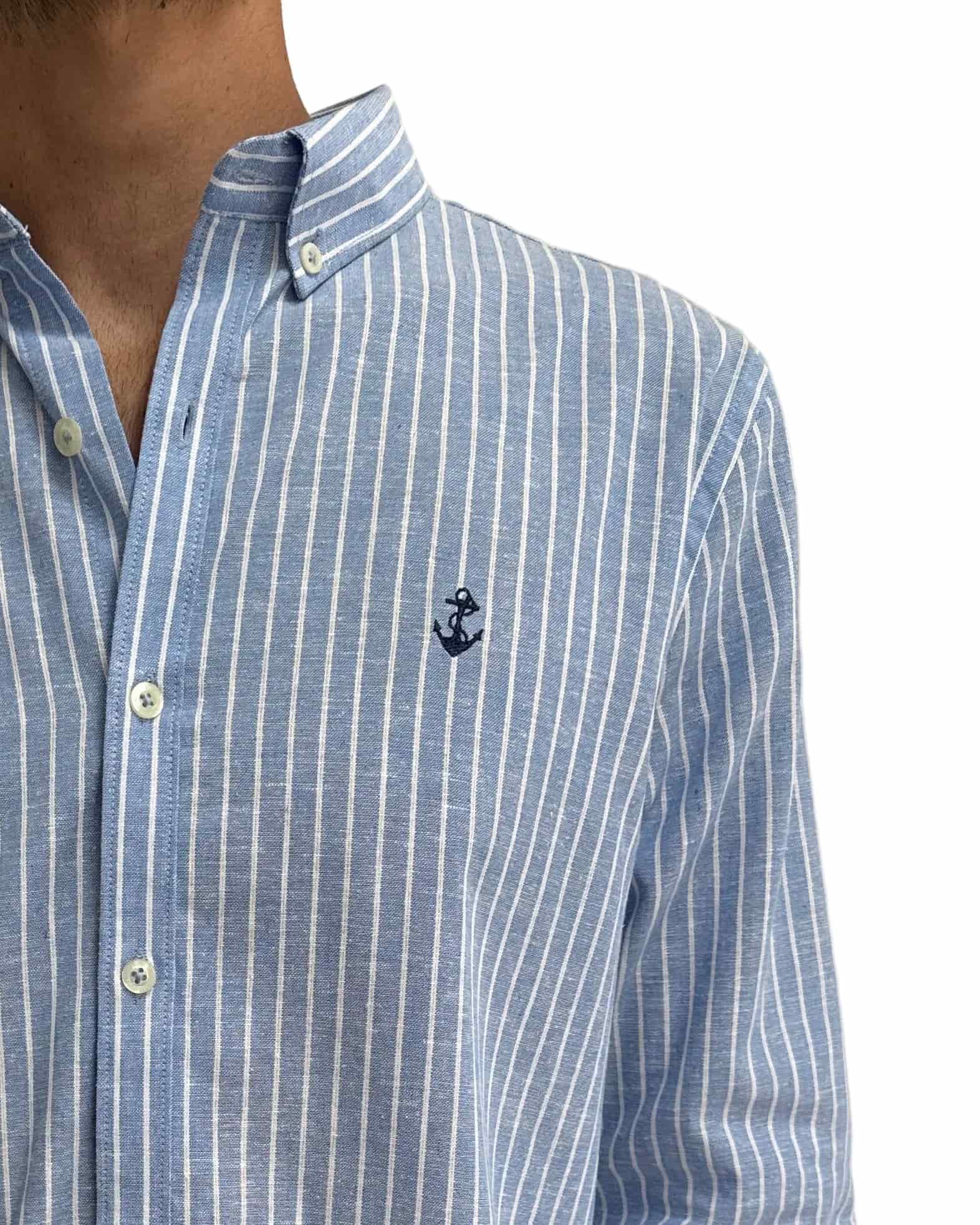 Camisa de Lino Azul Claro y Rayas Blancas - miniatura 4