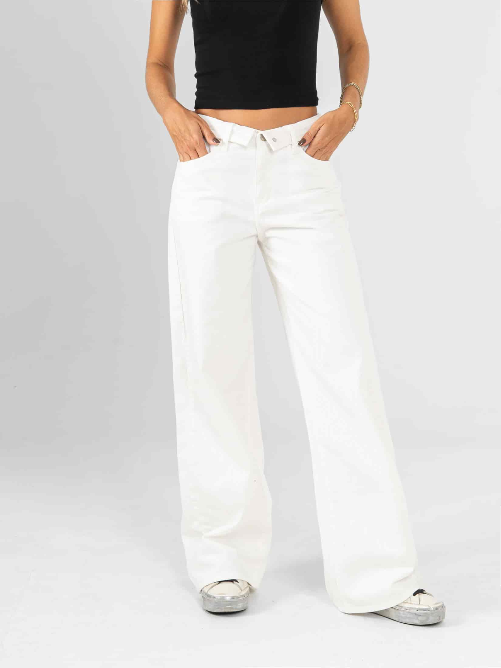 Ref: 0620460 Pantalón wide leg, rígido, tiro medio, detalle en pretina, tono ivory. - miniatura 1