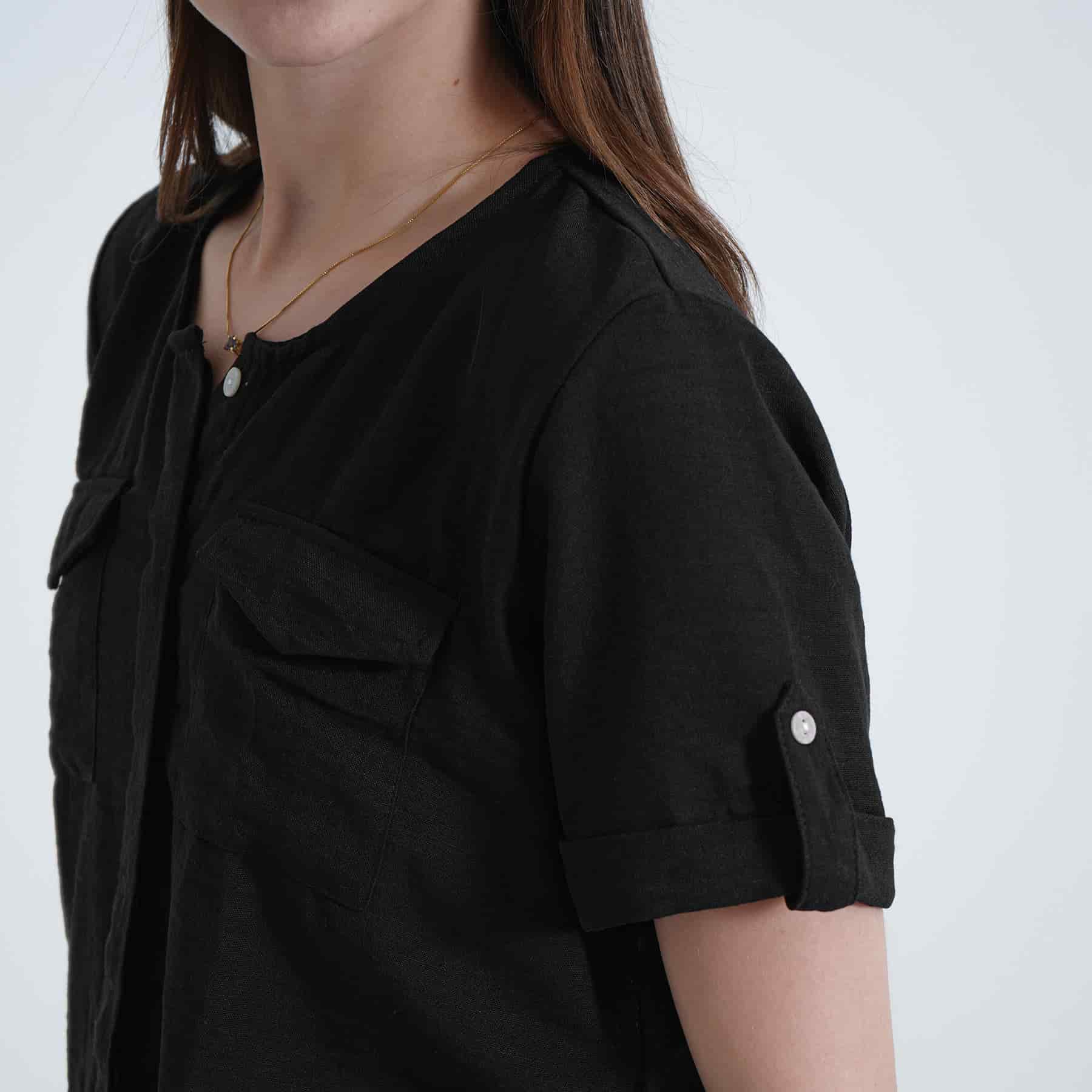 Blusa abierta escote redondo manga corta con charreteras - miniatura 9
