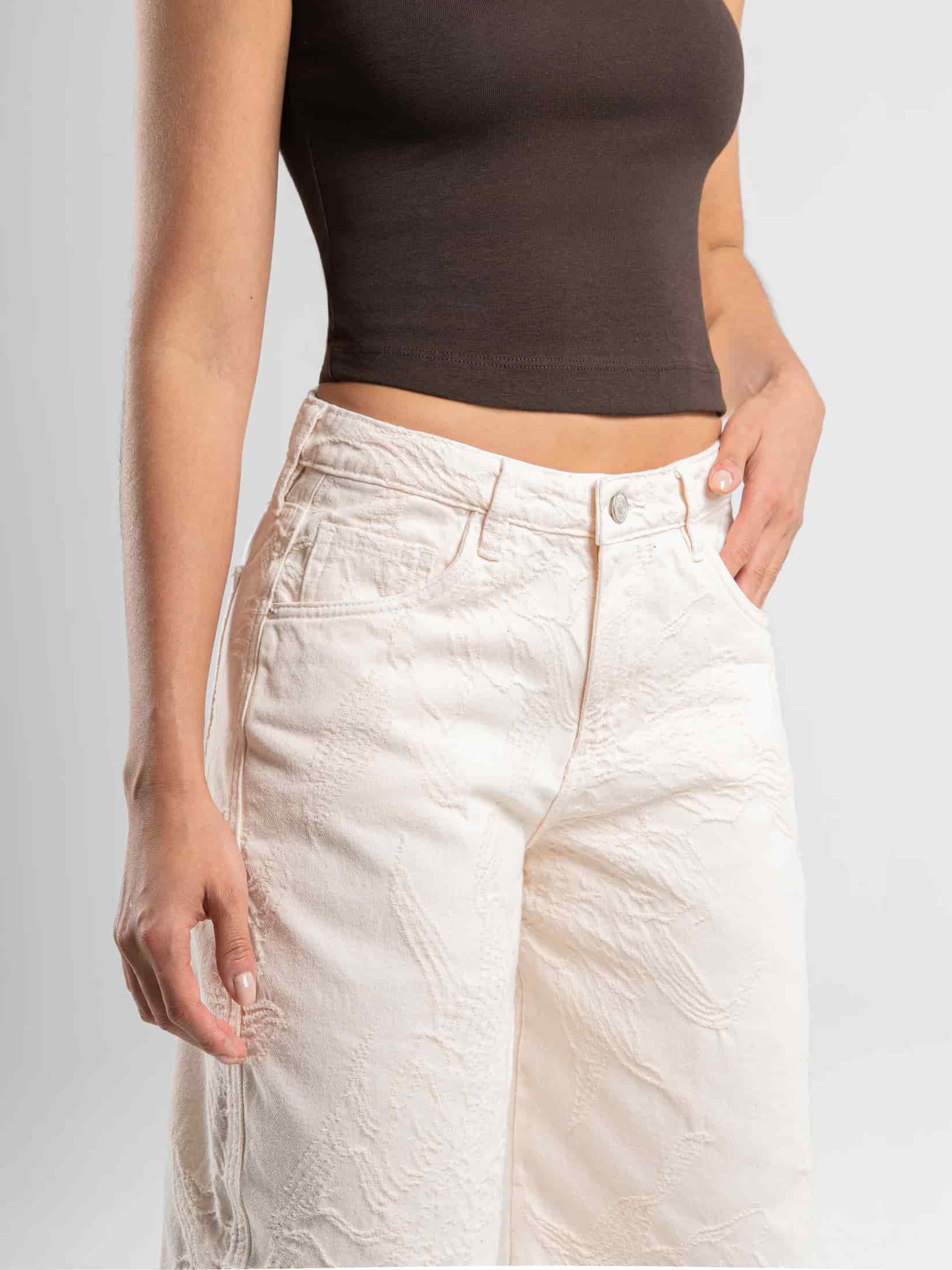 Ref: 0620600 Pantalón wide leg, rígido, tiro medio, tela bordada, tono natural - miniatura 4