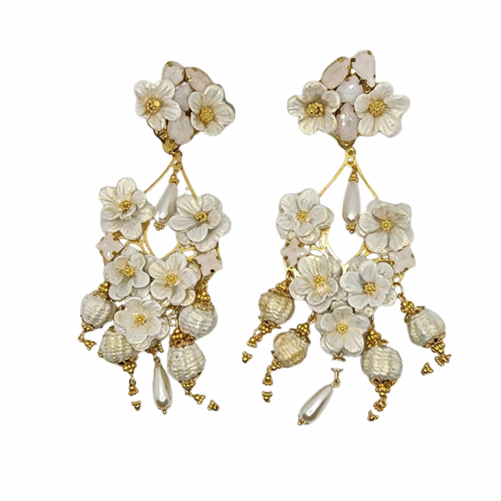 Fiber White Flower Pearl Earrings - miniatura 1