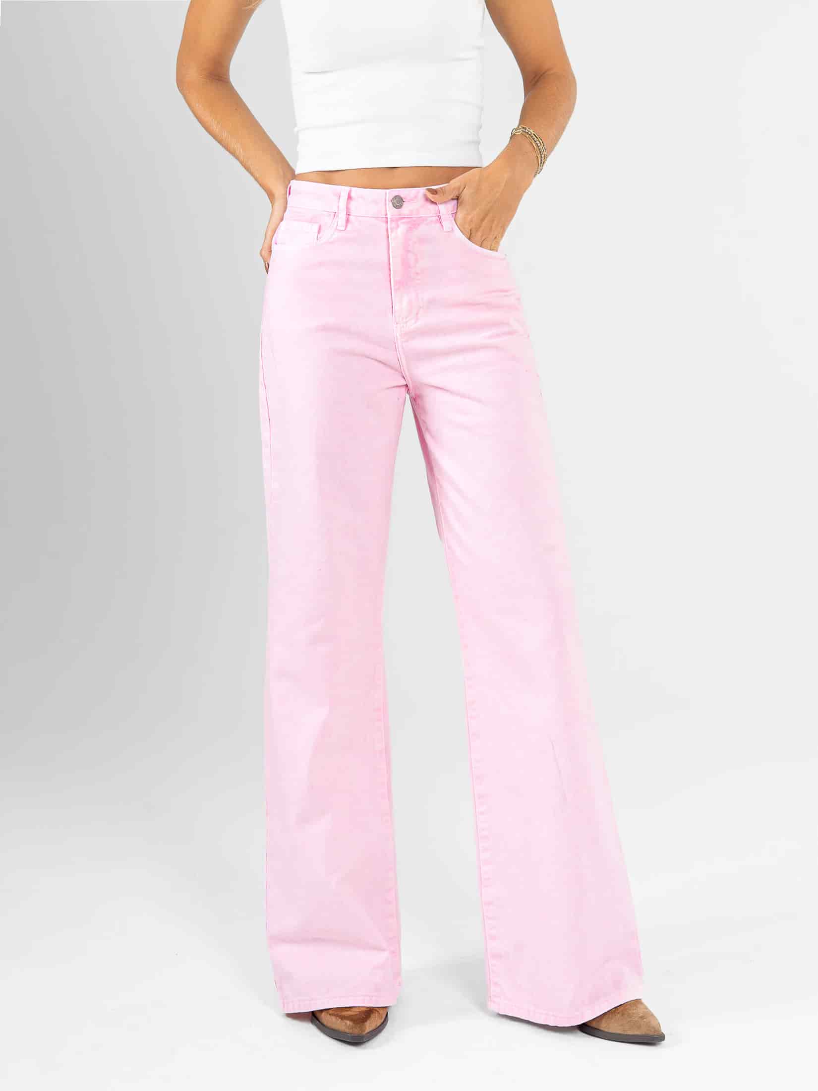 Ref: 0620541 Pantalón mom flare, rígido, tiro alto, tono rosa - miniatura 1