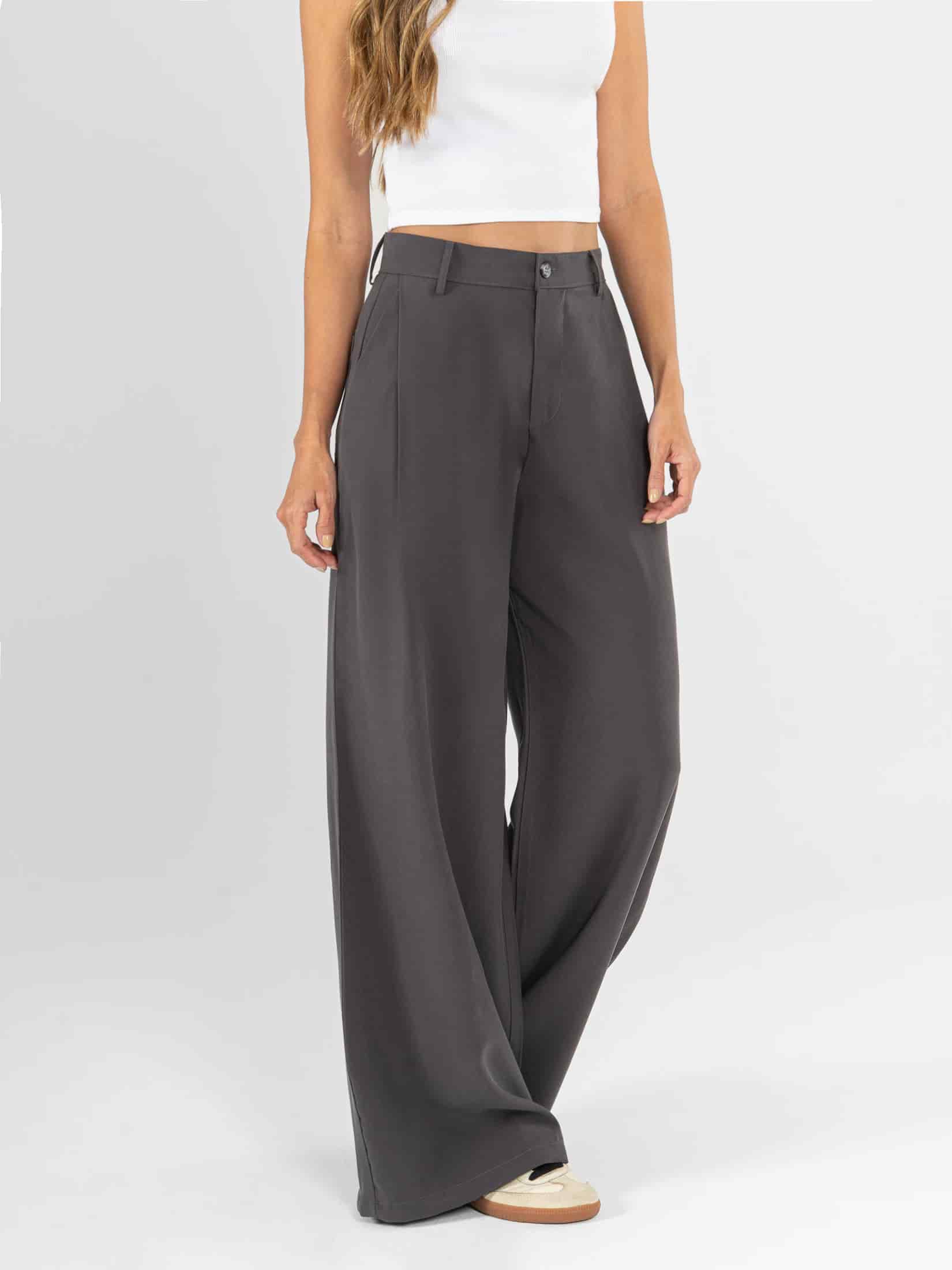 Ref: 0620482 Pantalón palazzo, prenses, tono gris, tejido plano liviano, tiro alto - miniatura 3