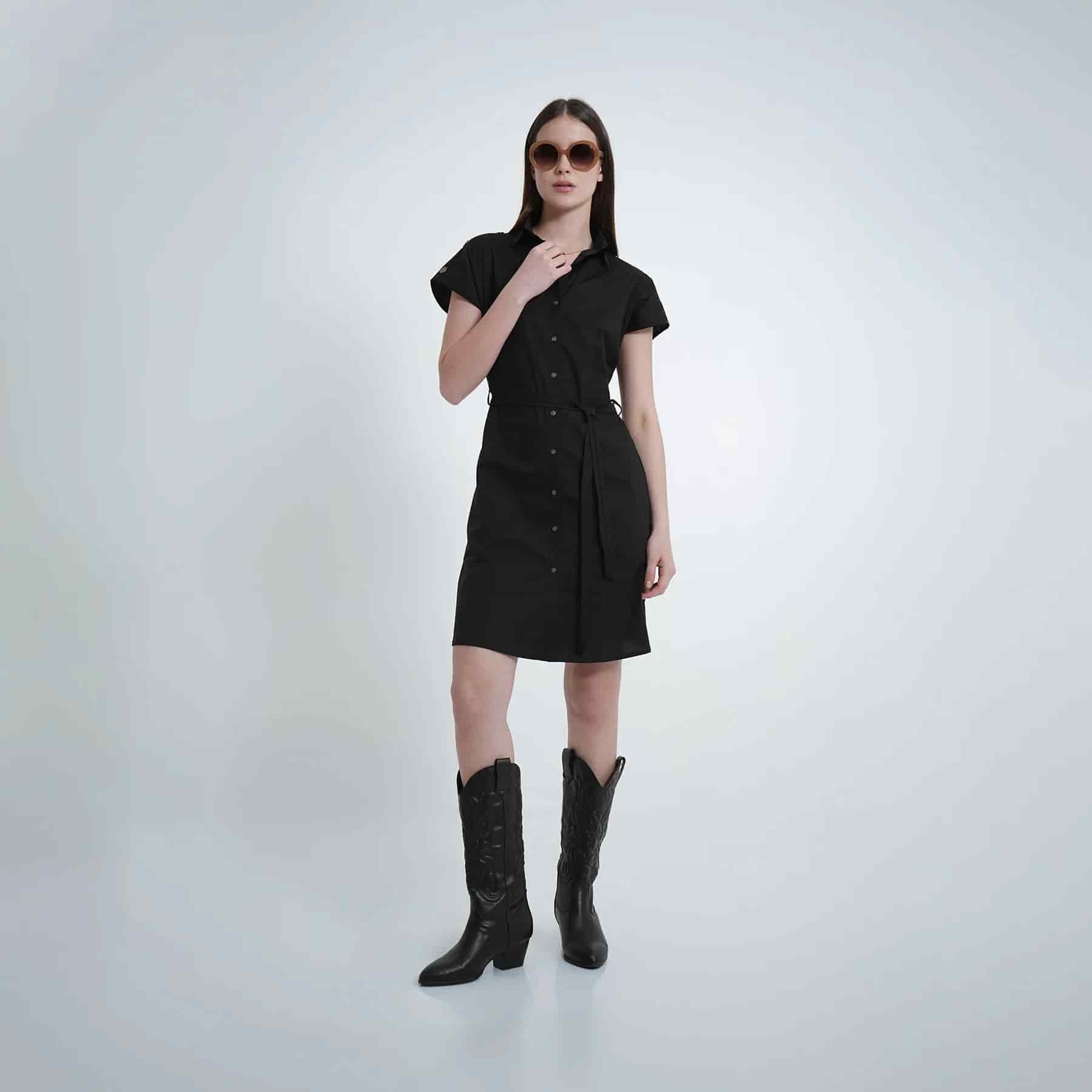 Vestido corto manga corta rodada cuello camisero con lazo - miniatura 6