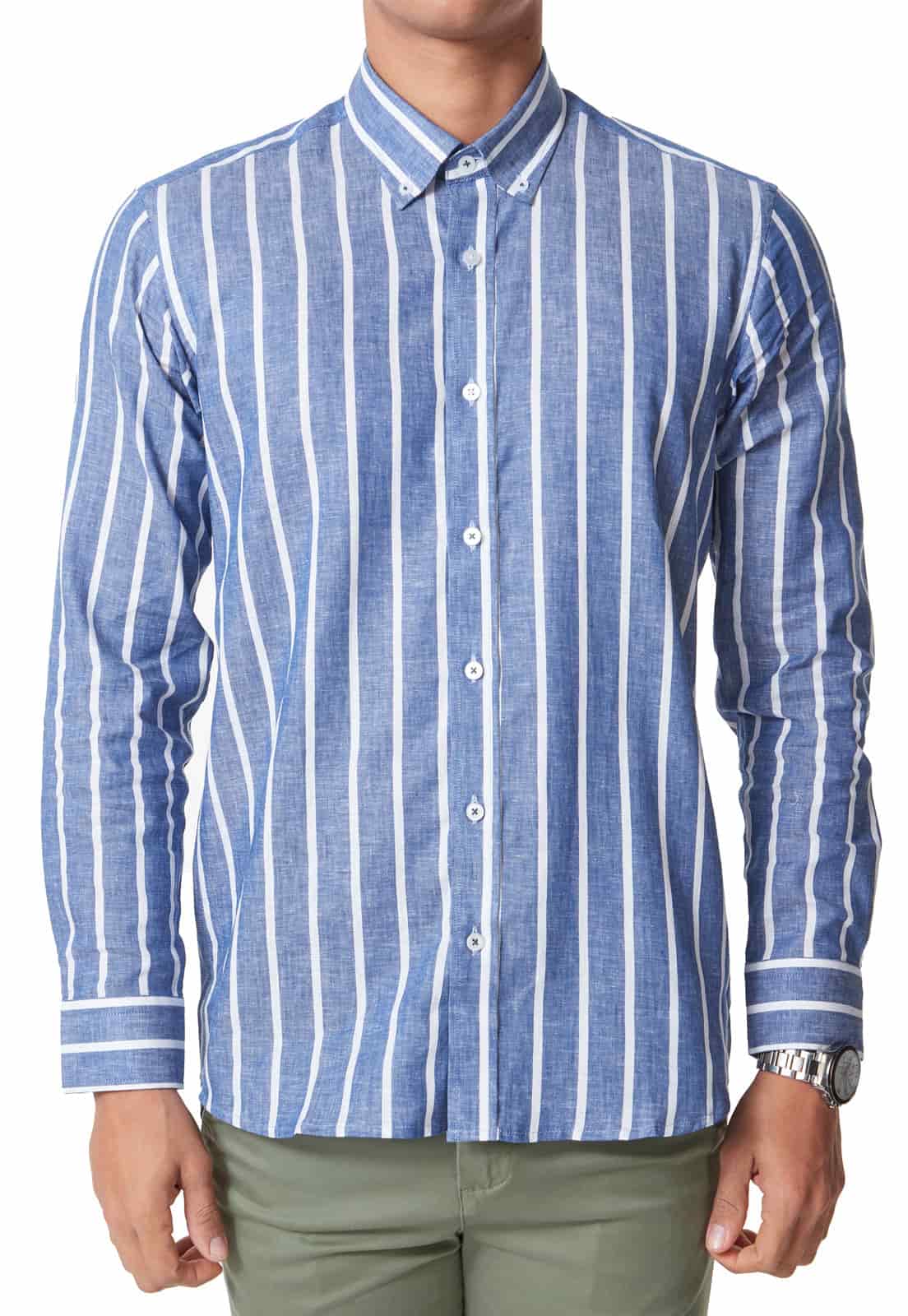 Camisa en Lino azul con rayas blancas - miniatura 3