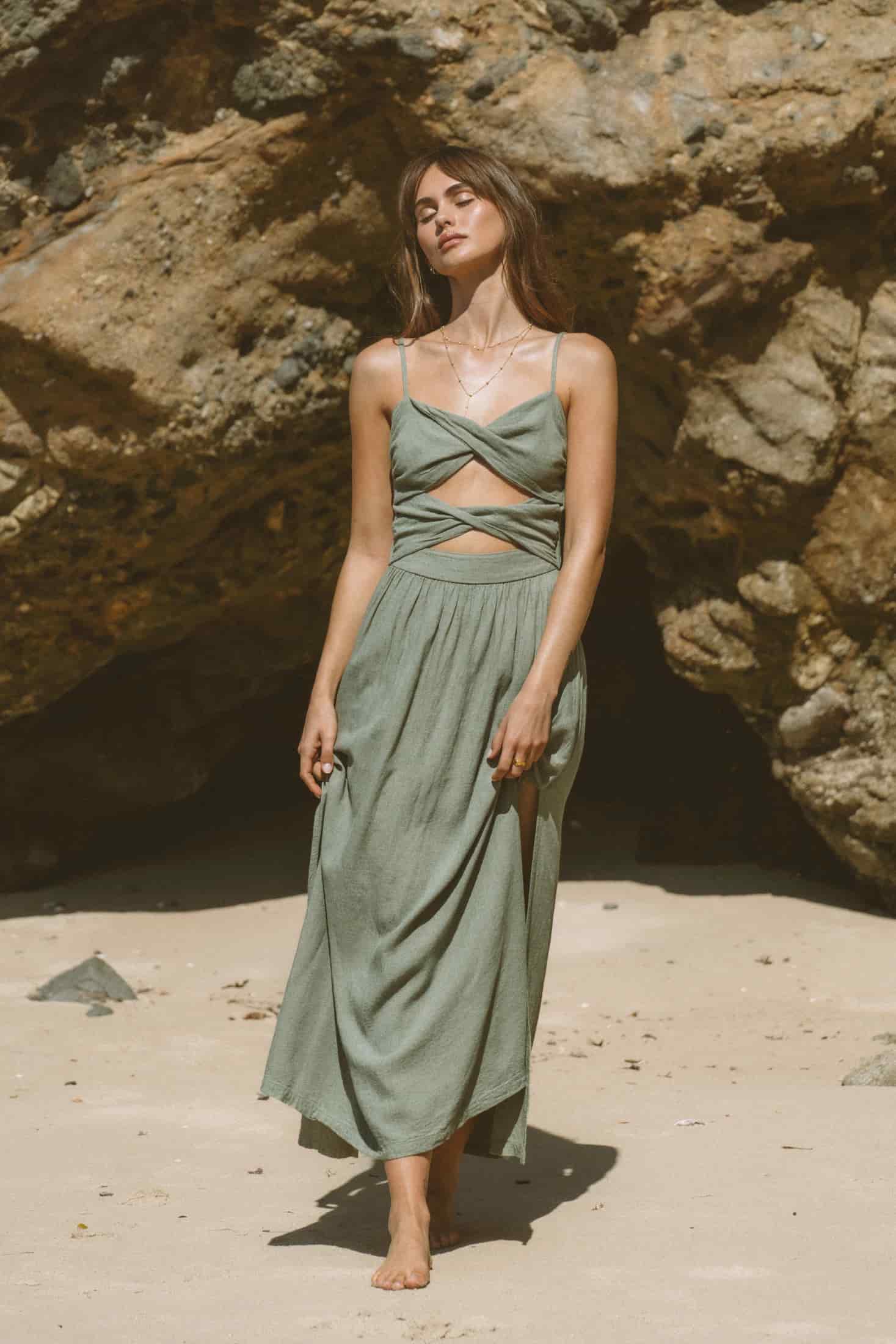 Serenity Green Linen Wavelet Dress - miniatura 1