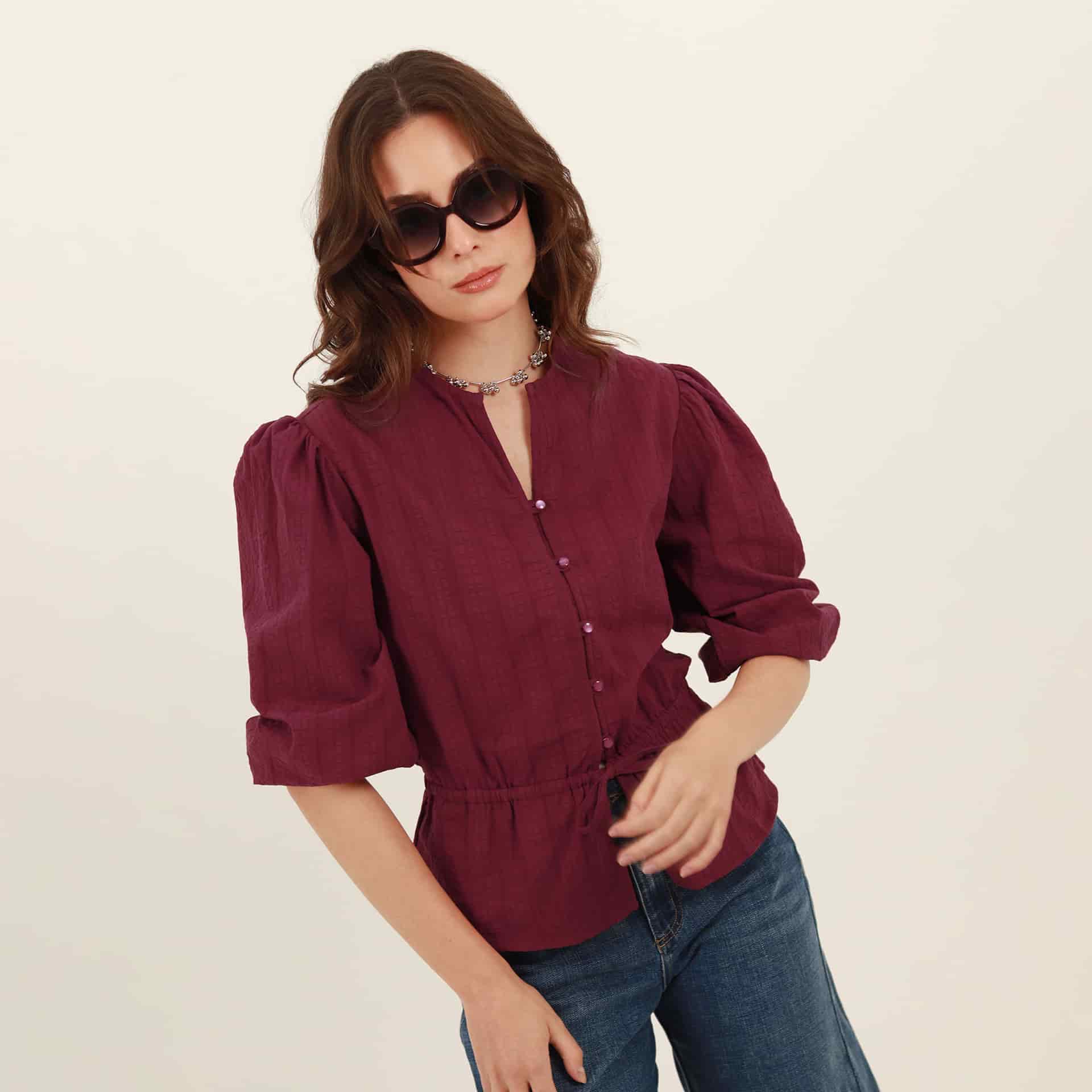 Blusa abierta cuello redondo manga globo 3/4 con cordón en cintura - miniatura 1