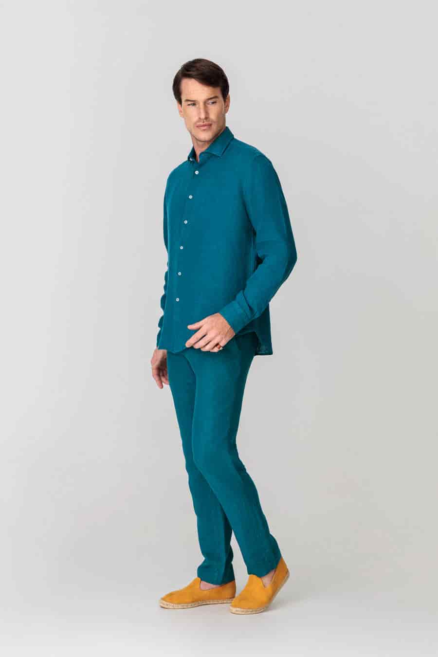 Men's linen shirt petrol blue basic - miniatura 4