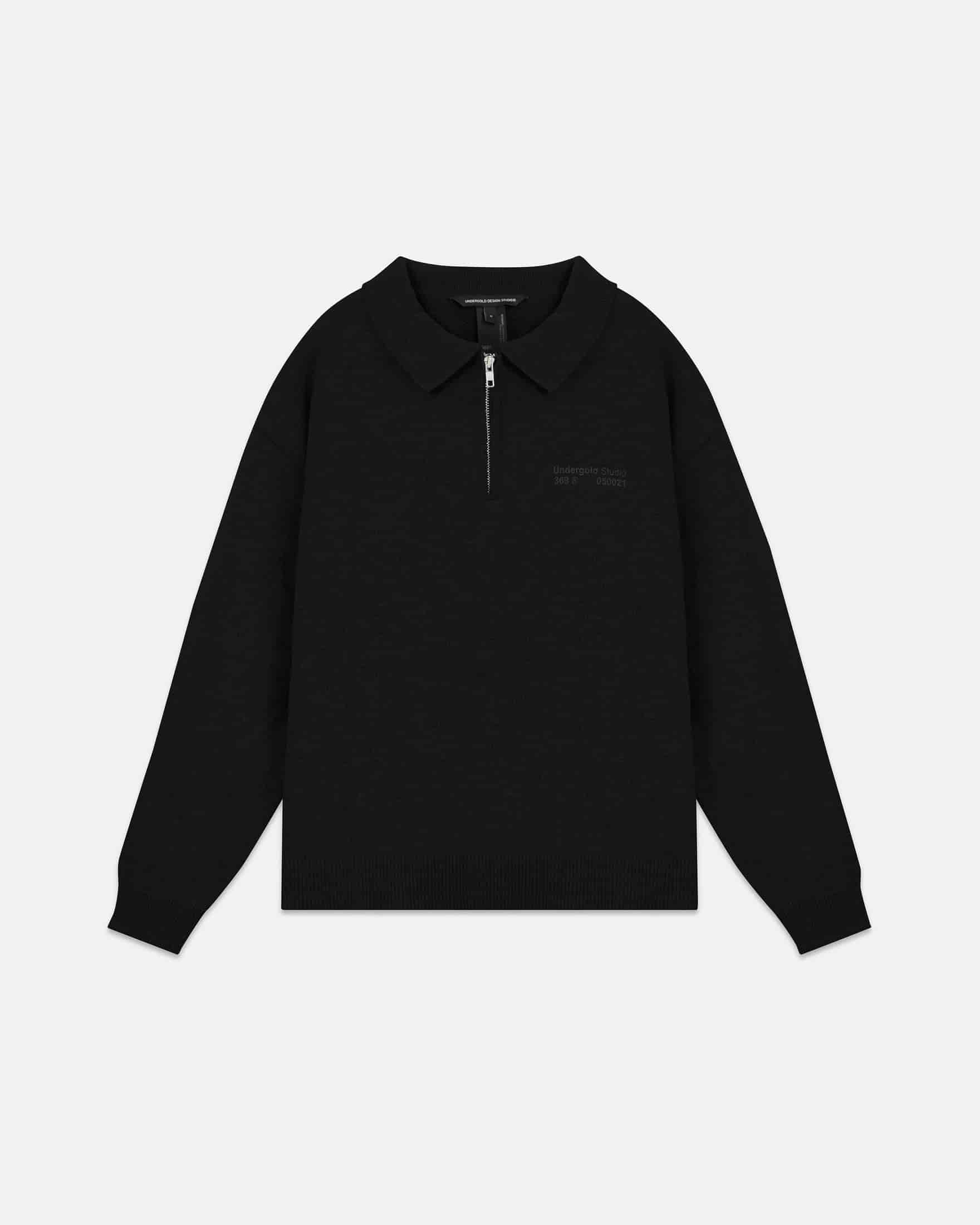 Line Knit Zip Up Long Sleeve Polo Shirt Black - miniatura 1