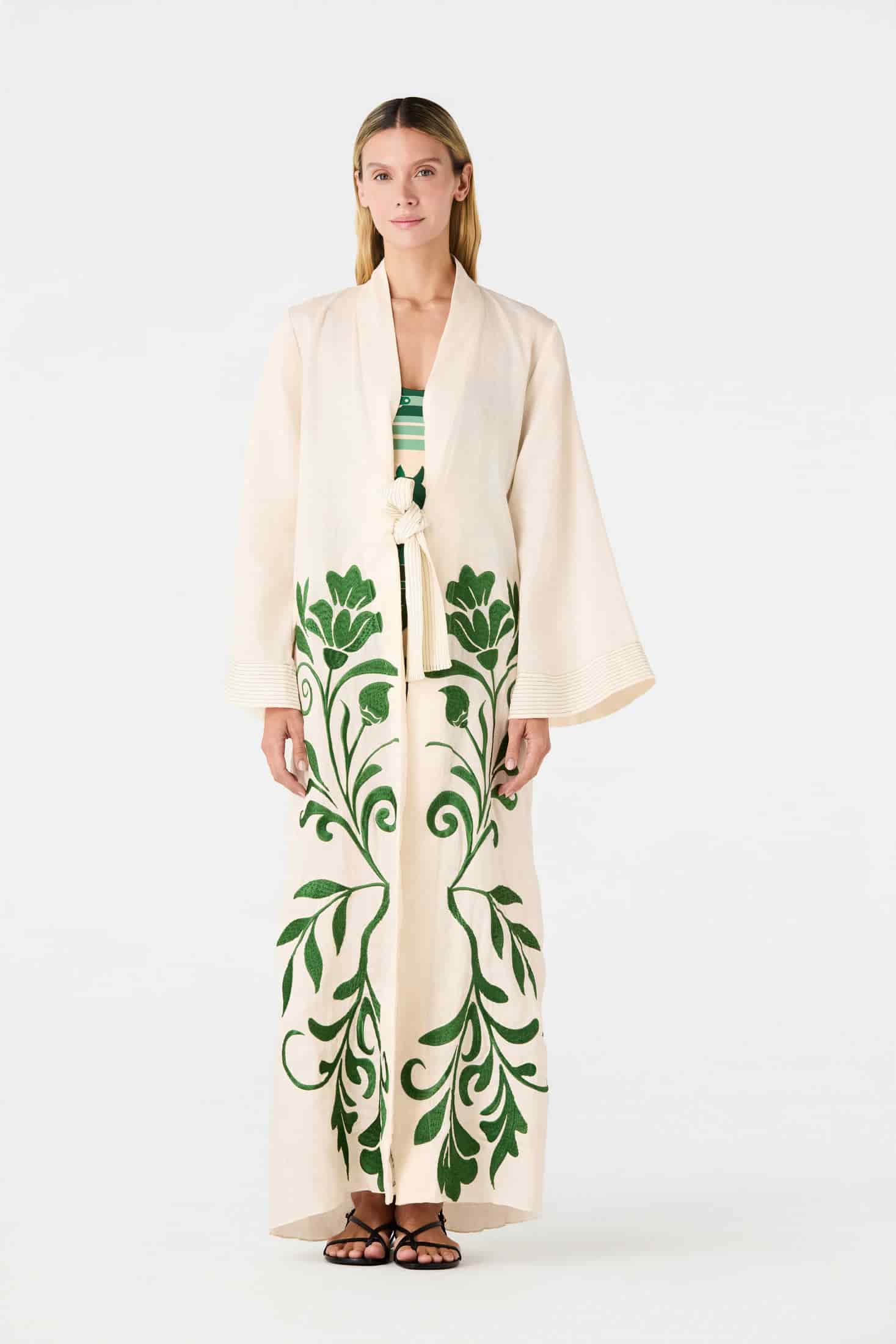 Rafaela Embroidered Kaftan / Ivory Green Buganvilias - miniatura 2