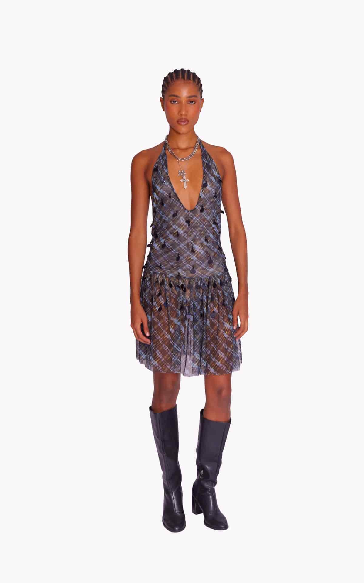 NIGHT GRID EMBROIDERED MESH DRESS - miniatura 3