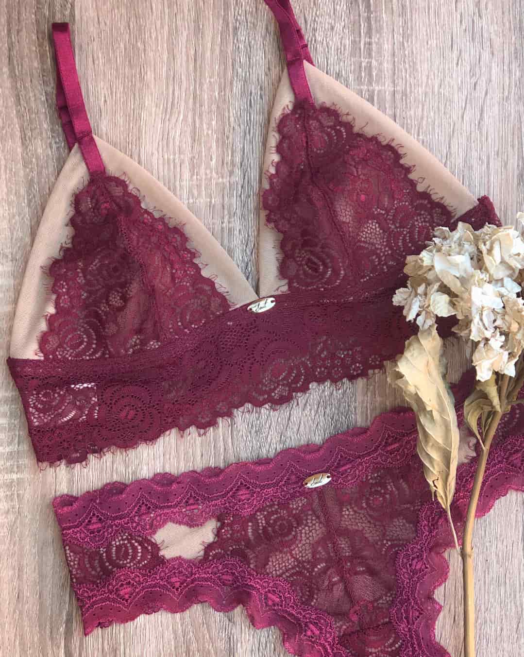 Bralette triangular en encaje y malla - HORTENSIA VINO - miniatura 3