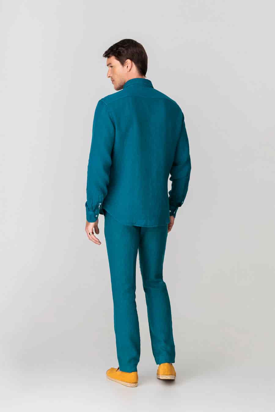 Men's linen shirt petrol blue basic - miniatura 3