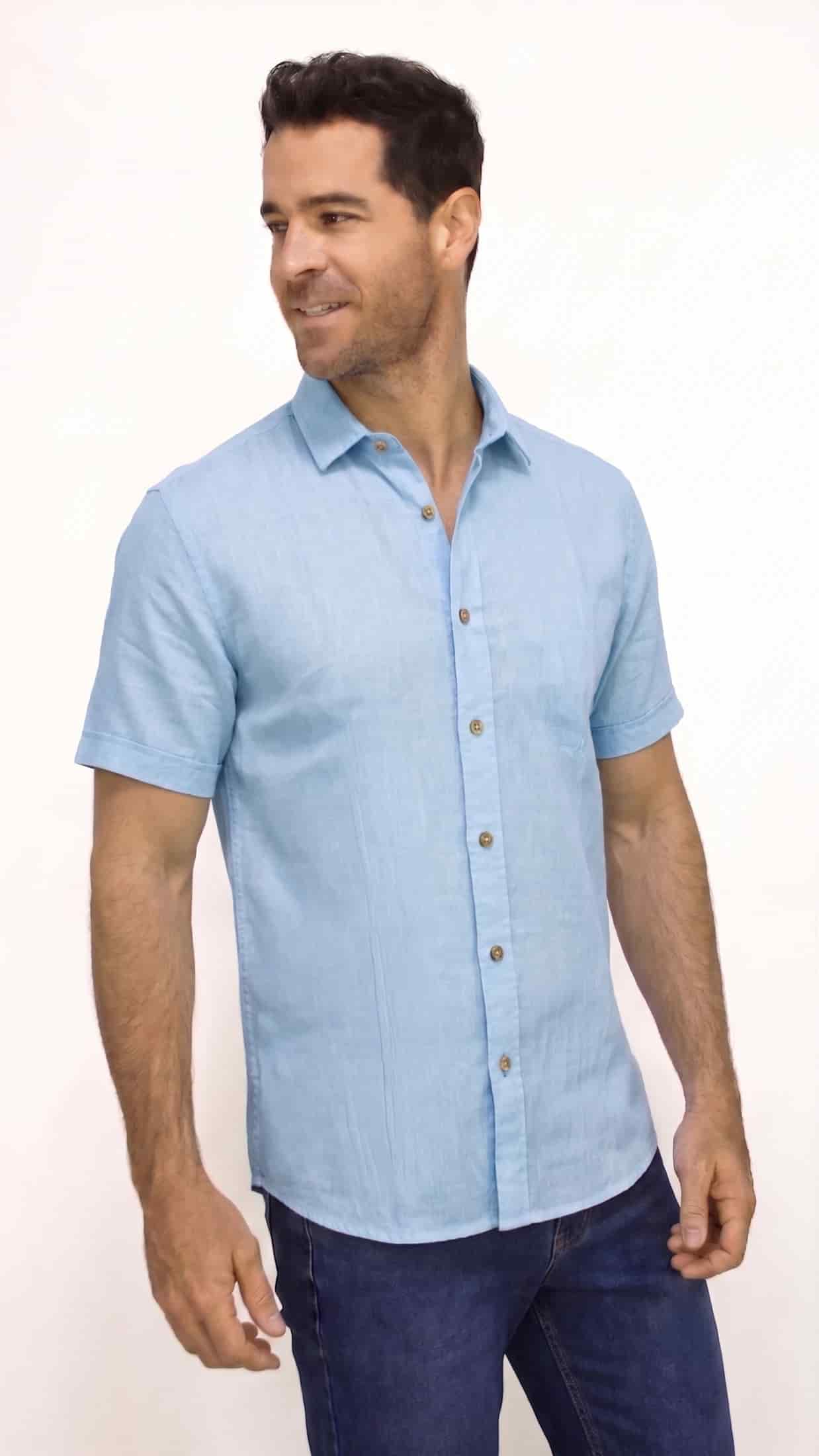CAMISA LINO MANGA CORTA AZUL PARA HOMBRE - miniatura 1