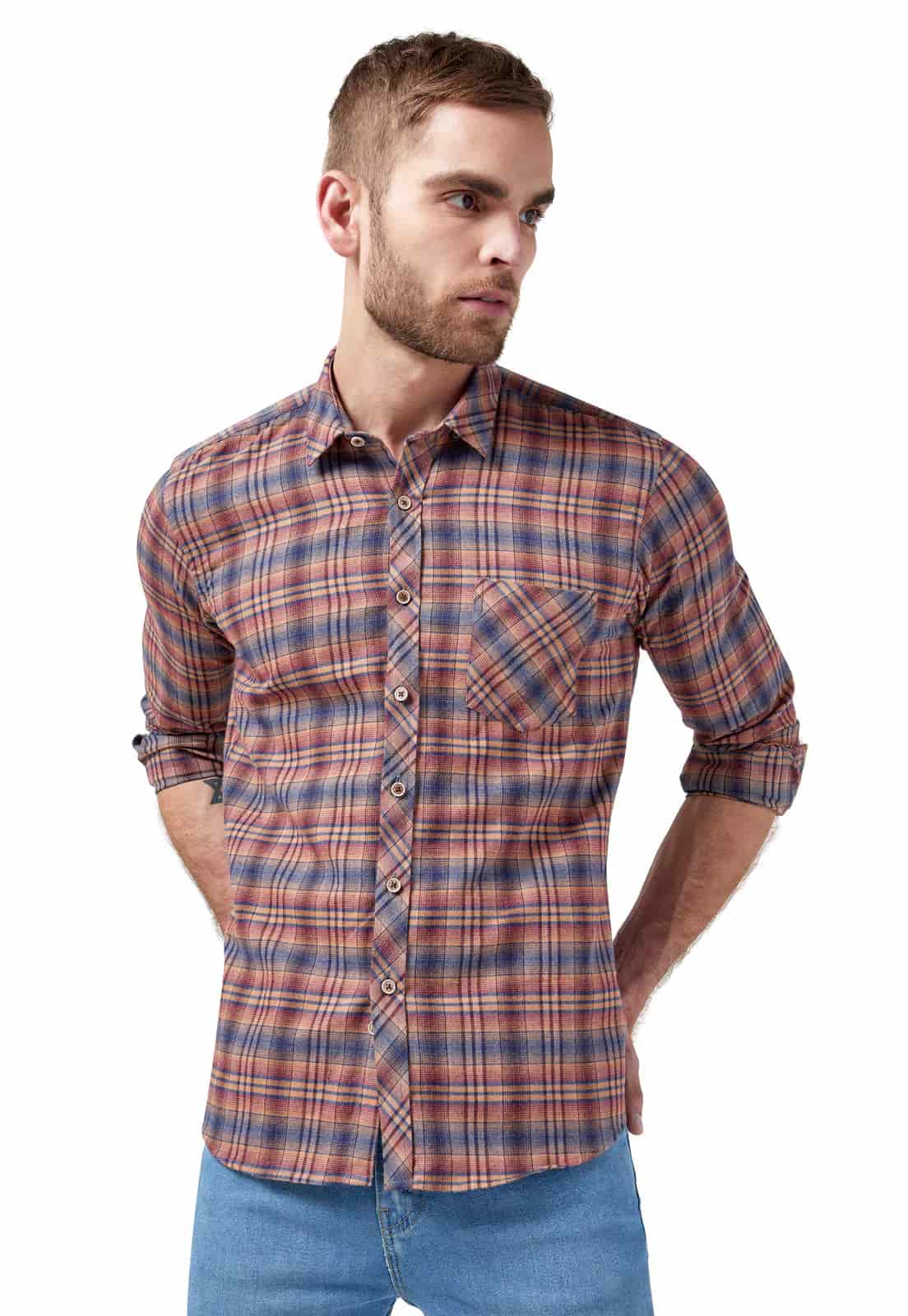 Camisa leñadora camel con rayas rojas y azules un bolsillo - miniatura 3