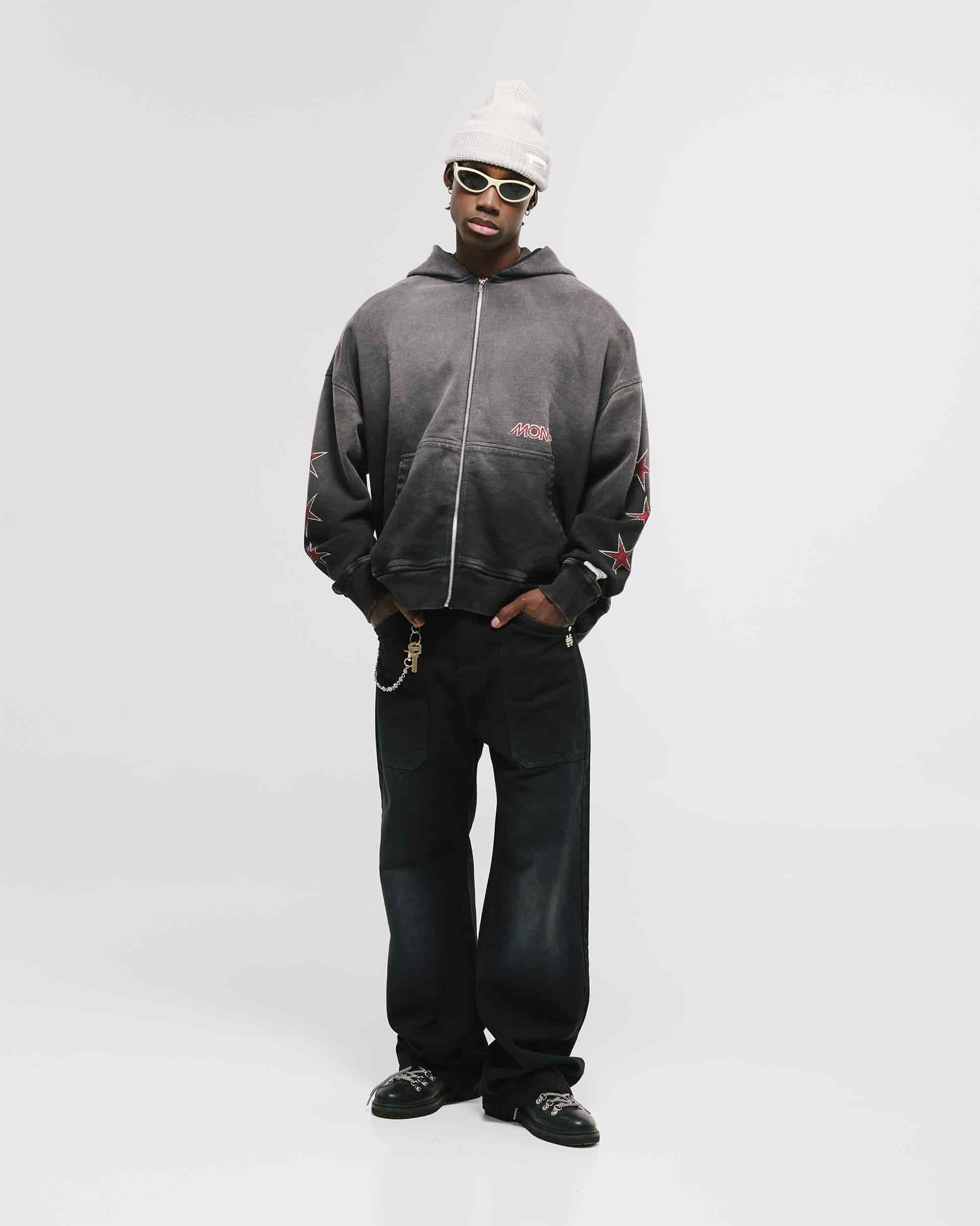 Zip Hoodie Monoic Records - Negro Desgastado - miniatura 7