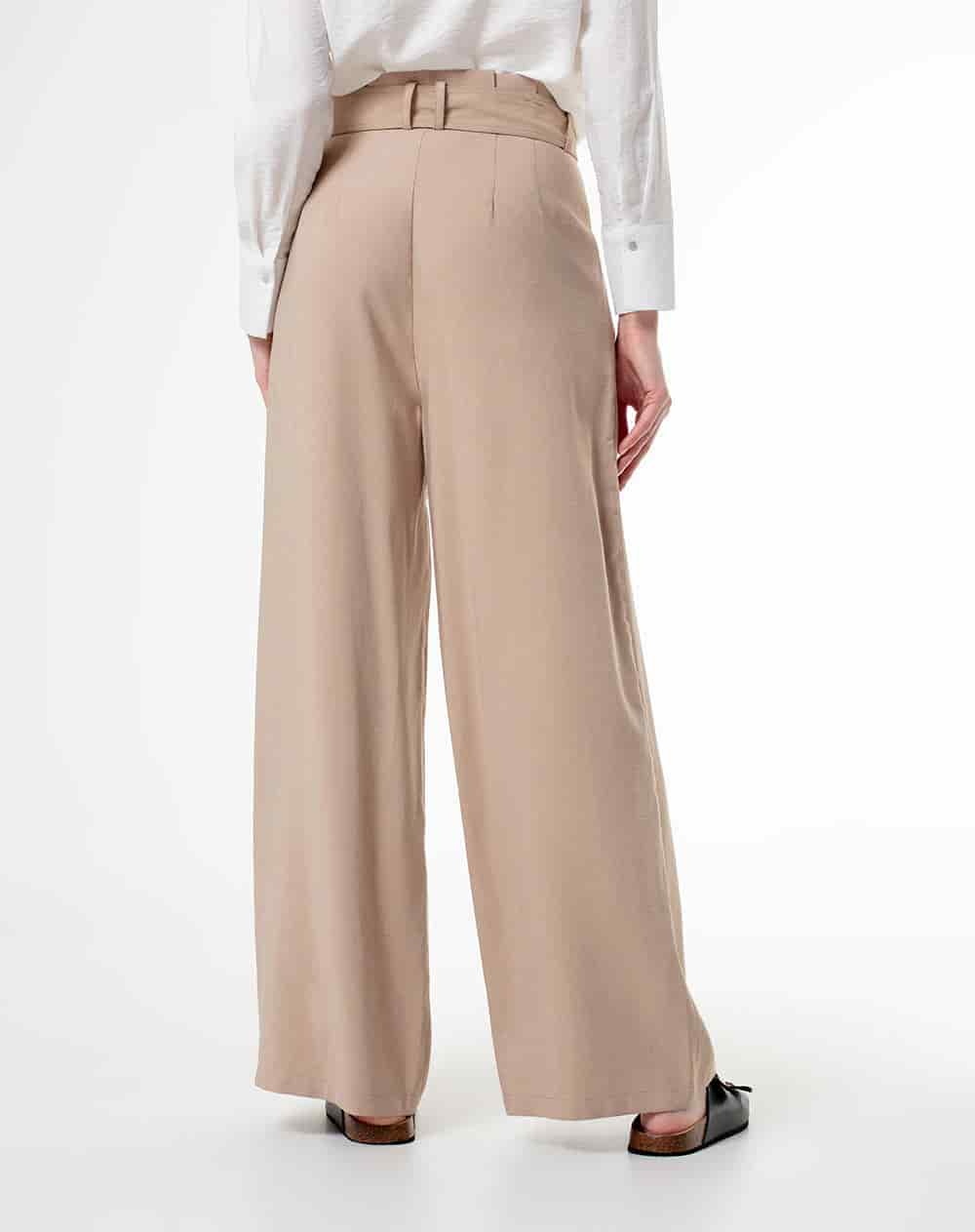 Pantalón palazzo tiro alto pliegues delanteros y cinturón caqui para mujer - miniatura 4