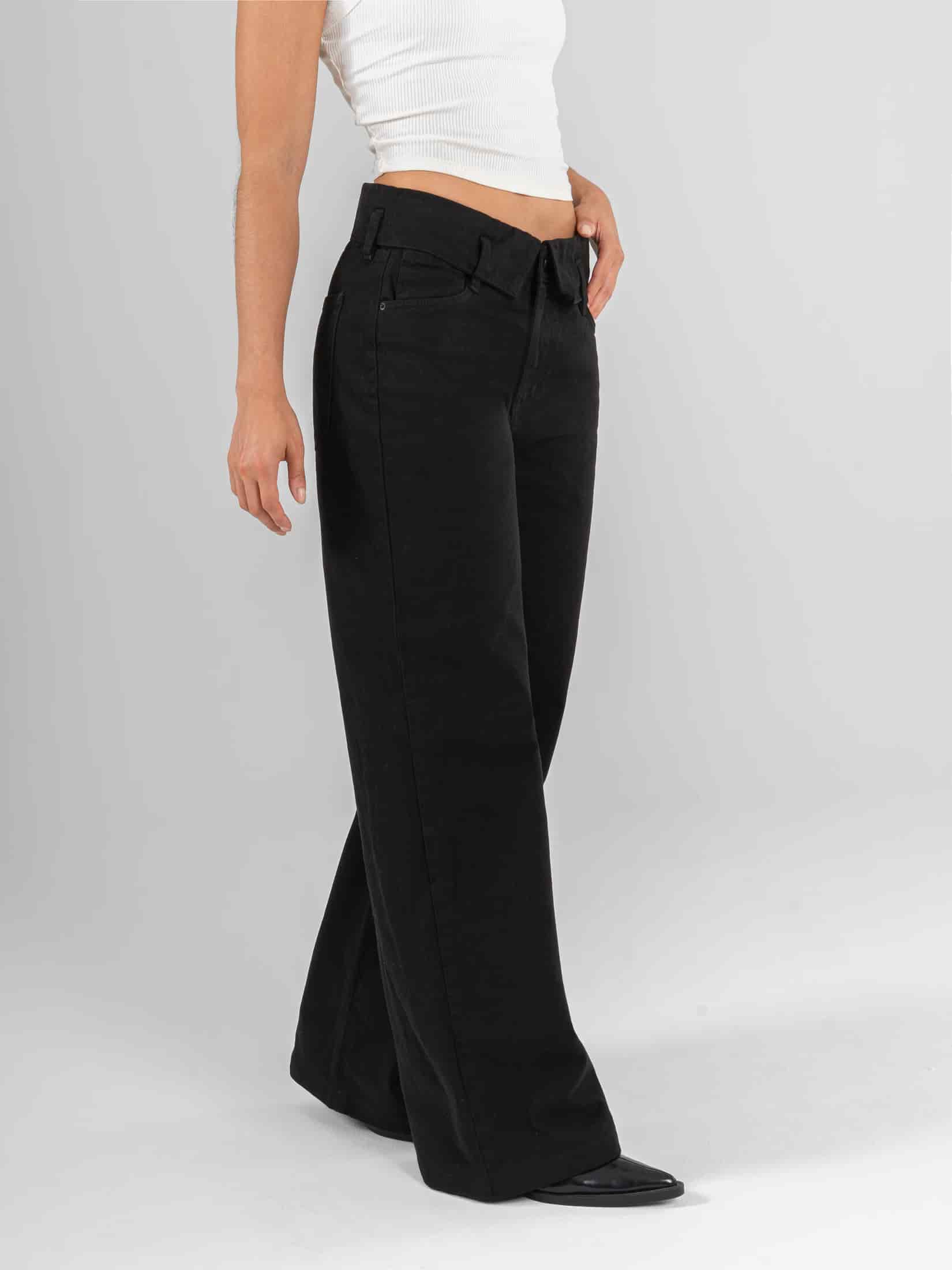 Ref: 0620631 Pantalón palazzo, rígido, detalle en pretina, tiro medio, tono negro - miniatura 4