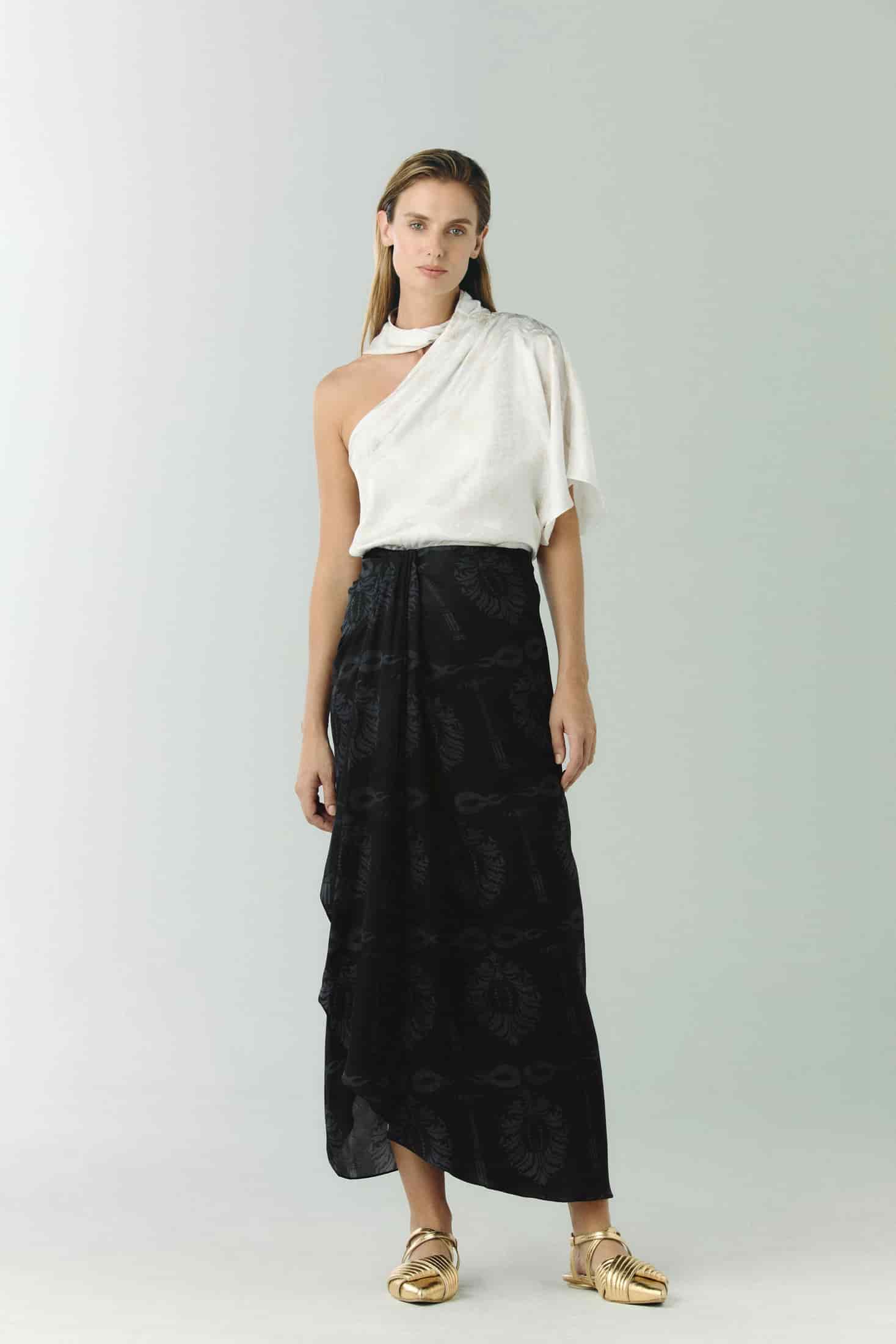 Myanmar Silk Jacquard Midi Skirt / Black - miniatura 1