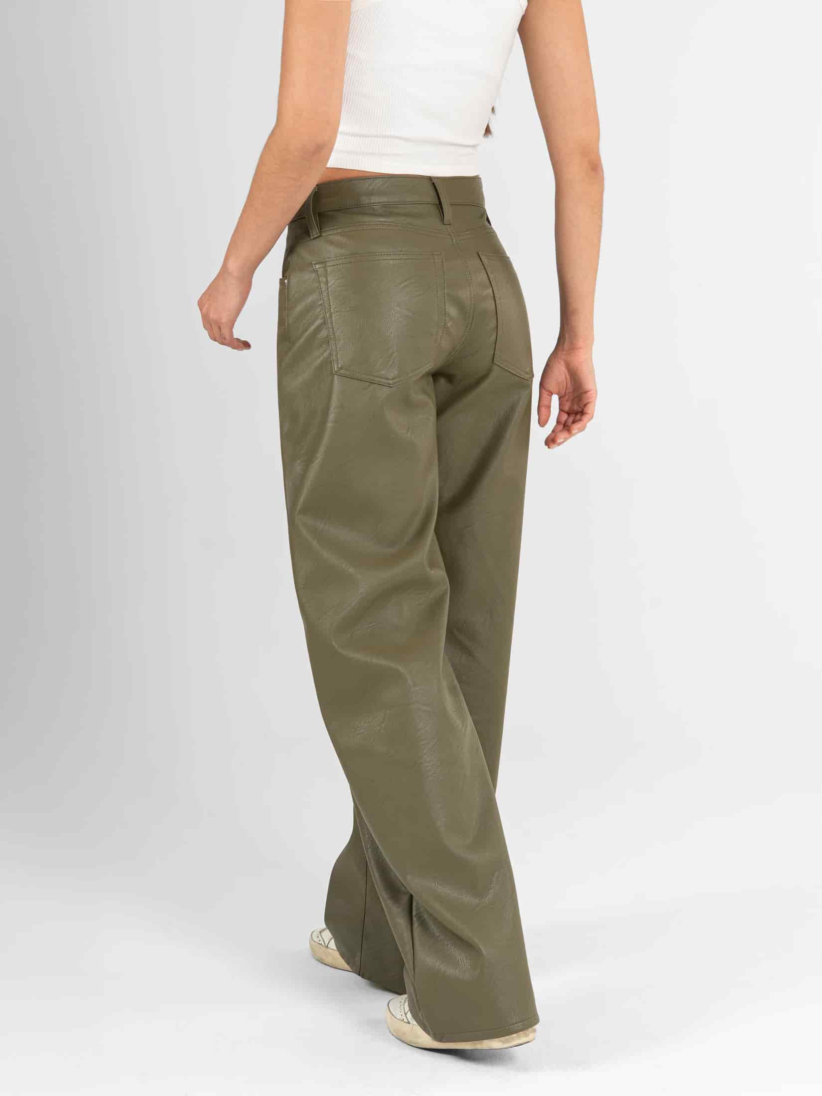 Ref: 0620597 Pantalón wide leg, rígido, tiro alto, efecto cuero, con corte, tono verde - miniatura 3