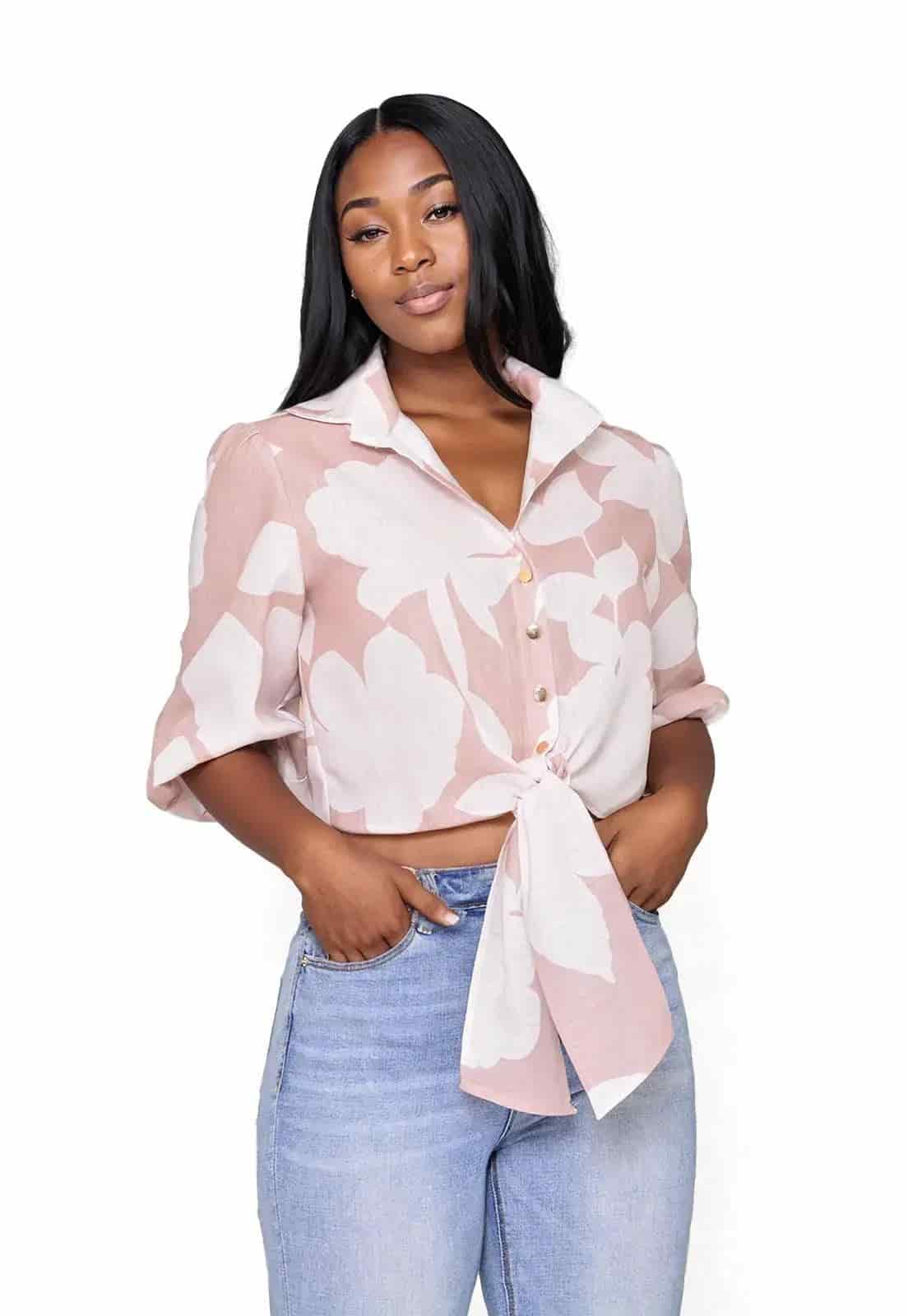 Camisa Crop Floral Manga 3/4 con botones - miniatura 1