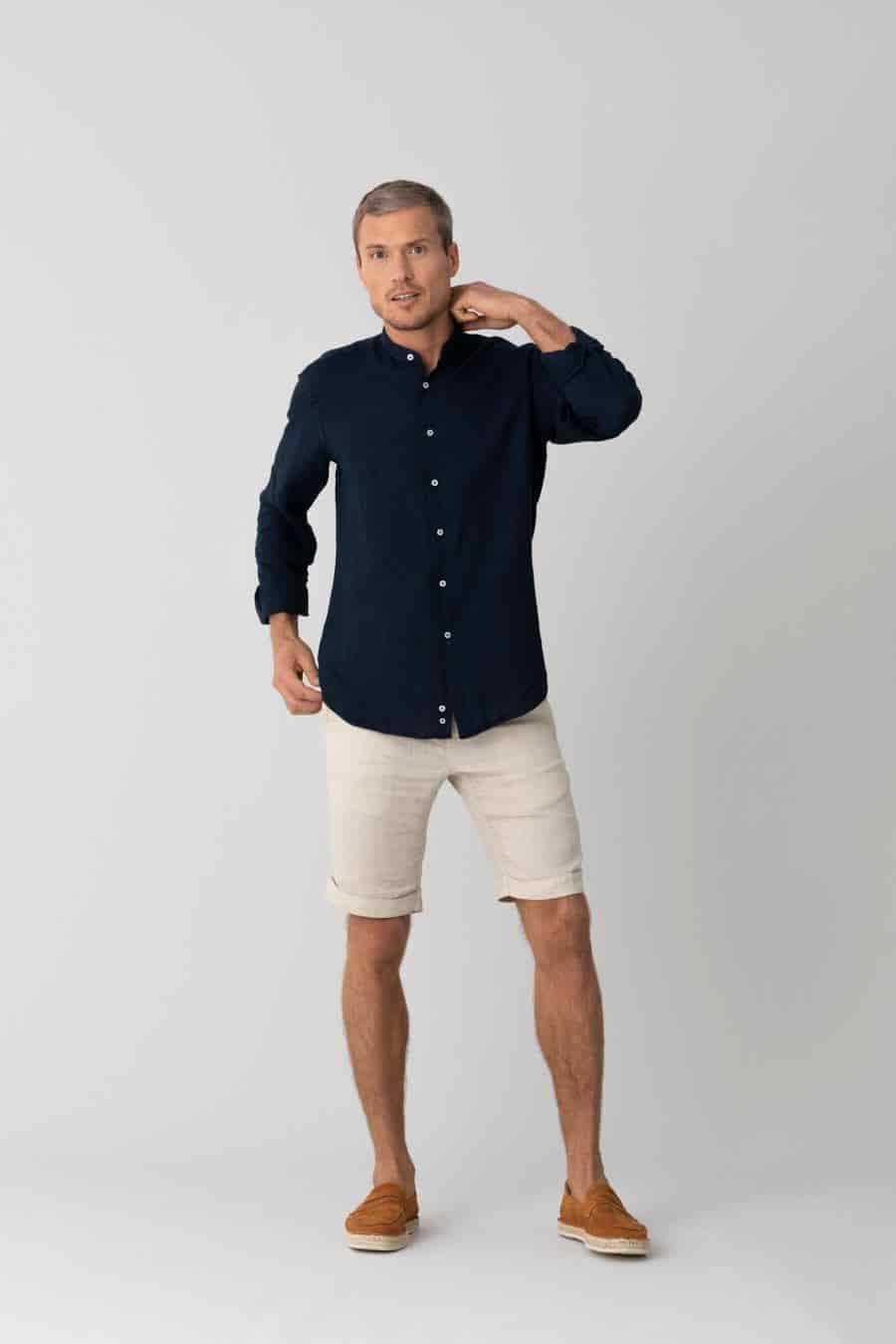 Men's linen shirt mao navy basic - miniatura 2